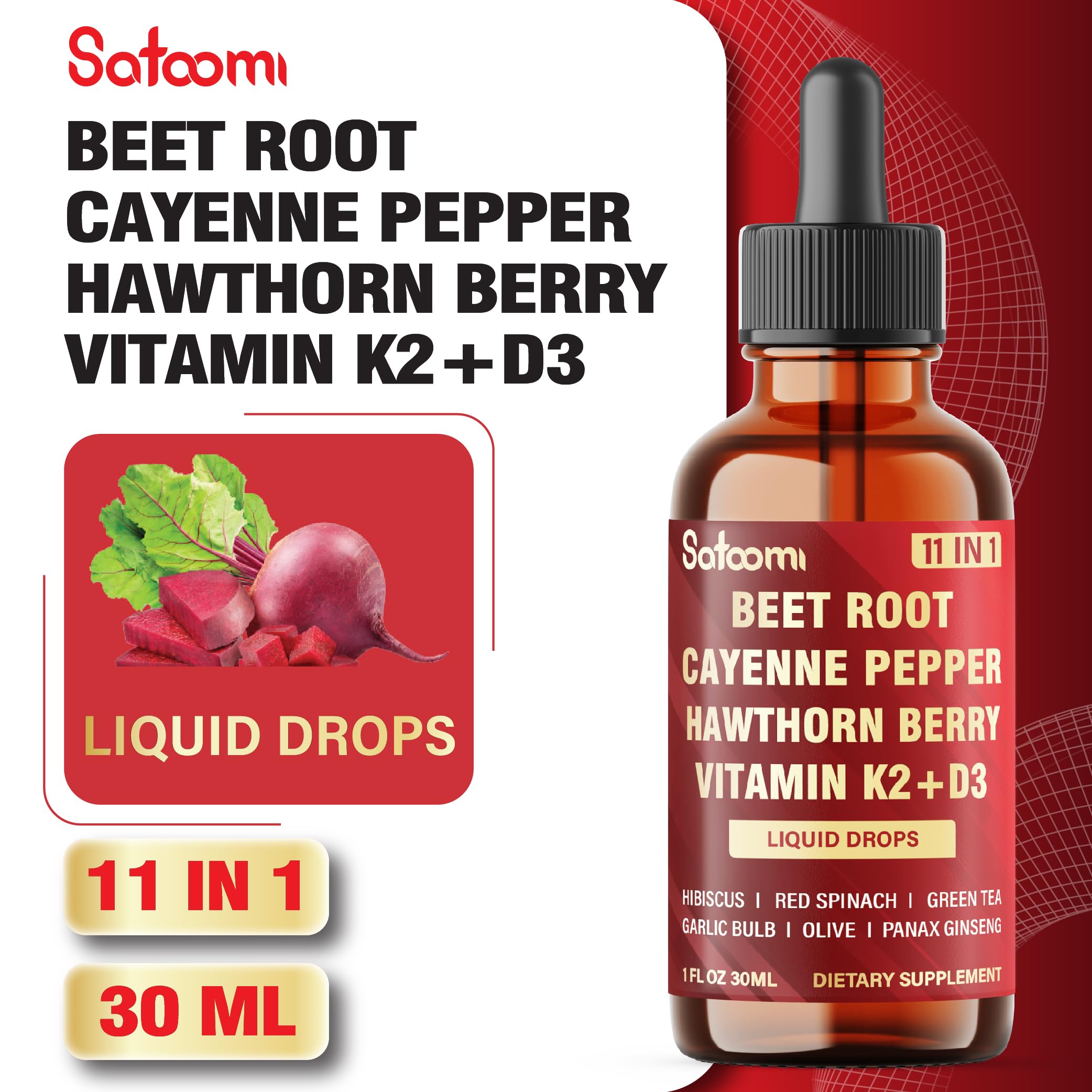 11in1 Beet Root Liquid Drops Supplement with Formula with D3, K2, Hawthorn, Red Spinach, Garlic & Green Tea and More - Supports Immune & Vitality - 1 FL Oz - for 60 Days Satoomi uk supplements