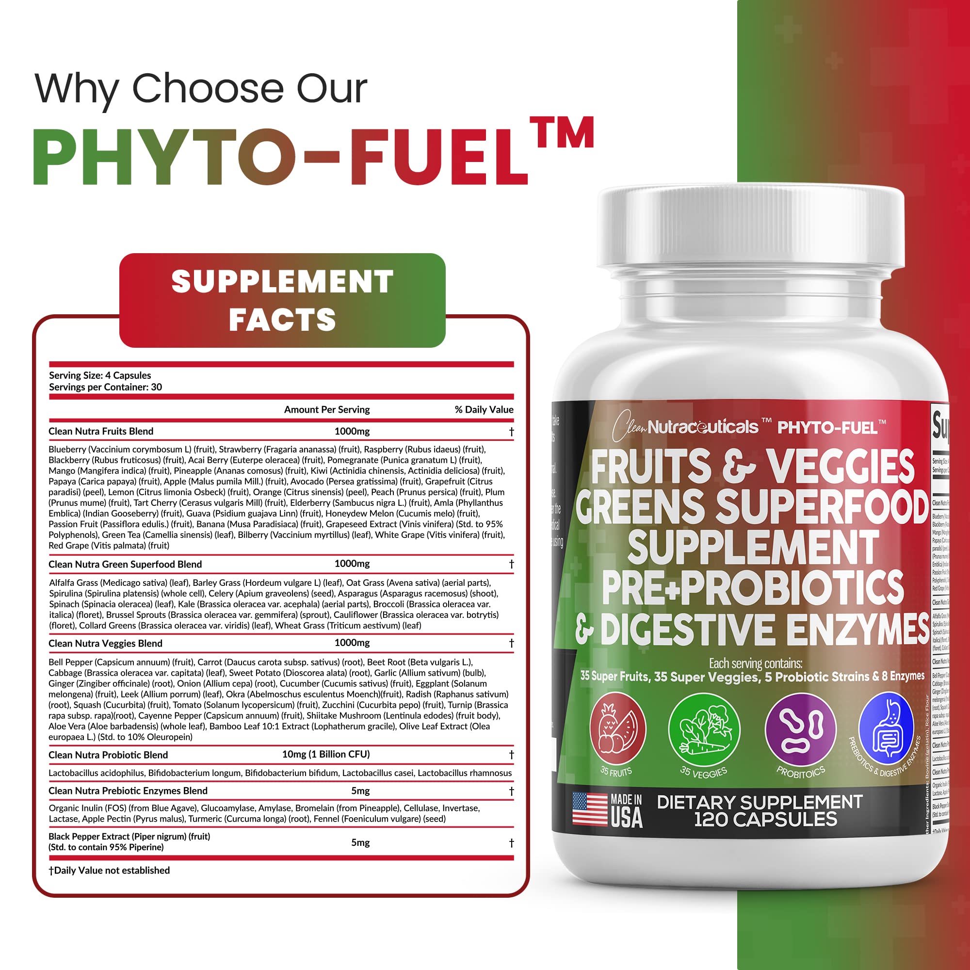 Clean Nutraceuticals Fruits and Veggies Supplement Reds & Green Superfood - Balance of Over 70 Fruit & Vegetable Supplements Capsules with Probiotics Prebiotics Digestive Enzymes - 120 Ct USA Clean Nutraceuticals uk supplements
