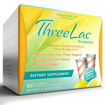 Global Health Trax GHT - ThreeLac Lemon Probiotic Drink Mix for Digestive Health - Advanced Probiotic Powder Formula for Men, Women & Kids - Immune Support & Gut Balance, Non-GMO - 60 Packets ght Global Health Trax uk supplements
