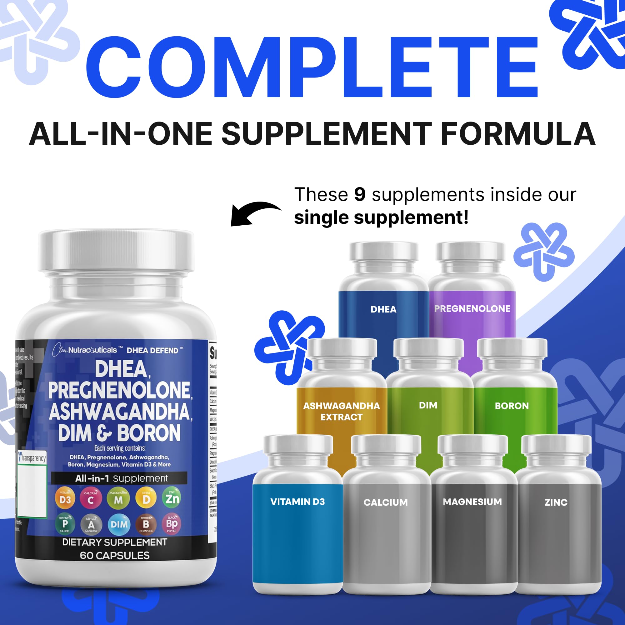 DHEA 200mg Supplement Pregnenolone 100mg for Men & Women with DIM Ashwagandha Boron 6mg Complex Calcium Magnesium Zinc 50mg Vitamin D3 5000 iu Hormone Support Capsules Pills - Made in USA 60 Ct Clean Nutraceuticals uk supplements