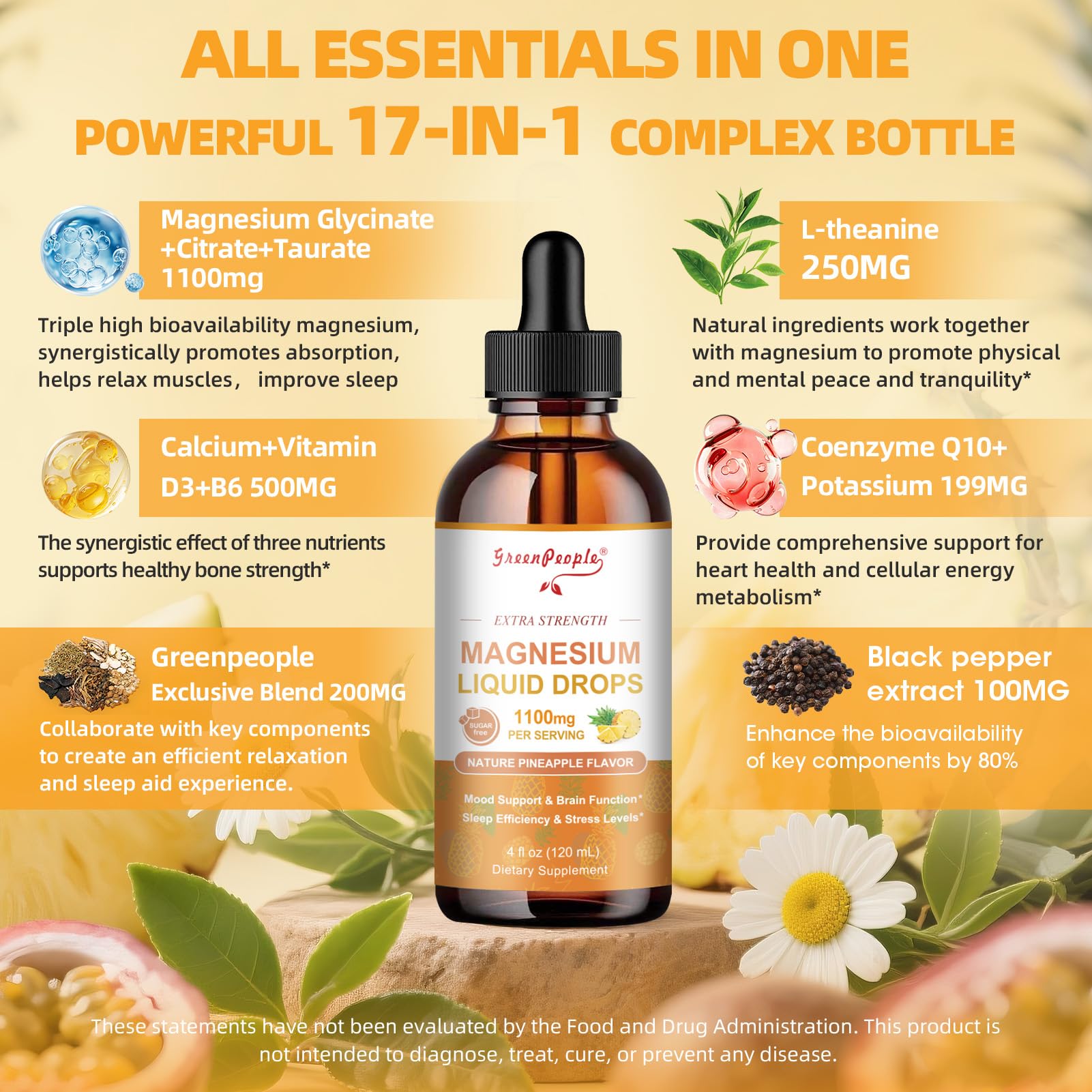 GREENPEOPLE Magnesium Glycinate Liquid Drop - 17-in-1 4Fl. Oz Triple Magnesium Complex Supplement with Glycinate 400mg & Citrate 500mg Taurate/L-Theanine for Calm Mood/Muscle/Sleep,Pineapple Flavor GREENPEOPLE uk supplements