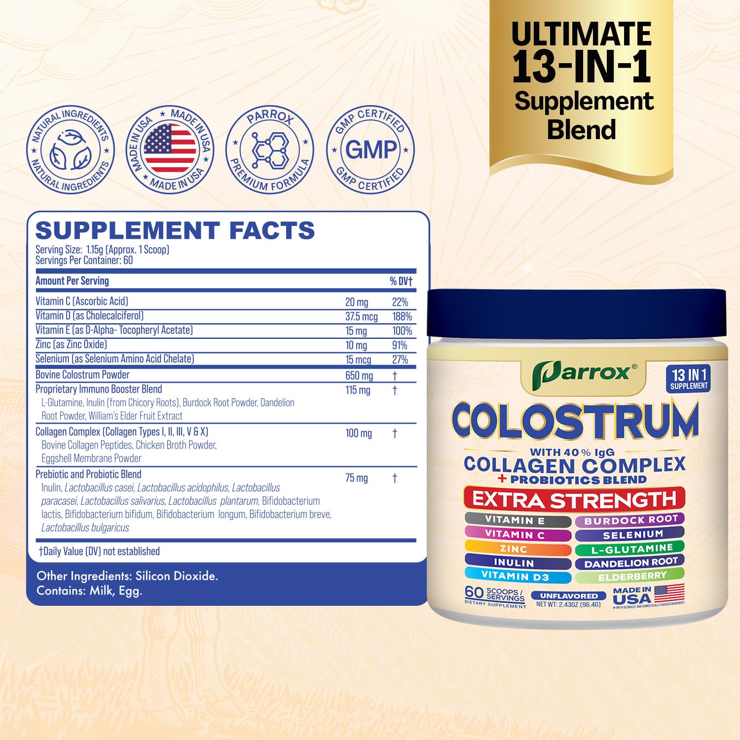 Parrox Colostrum Powder with 40% IgG, Collagen, Probiotics, Burdock Root, L-Glutamine, Elderberry, Vitamin C, Vitamin E, Vitamin D3, Inulin, Selenium, Dandelion Root, Zinc, 60 Servings (Unflavored) Parrox uk supplements