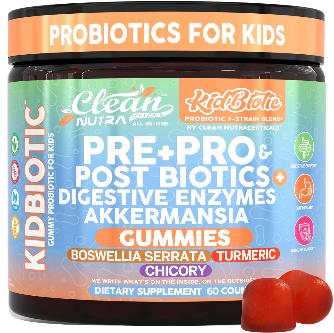 Clean Nutra Kids Probiotics Gummies with Prebiotics, Postbiotics, Digestive Enzymes, Akkermansia, Boswellia Serrata, Turmeric, Chicory – 60 Count – Plant-Based Supplement for Kids – PeachPop Flavor Clean Nutraceuticals uk supplements