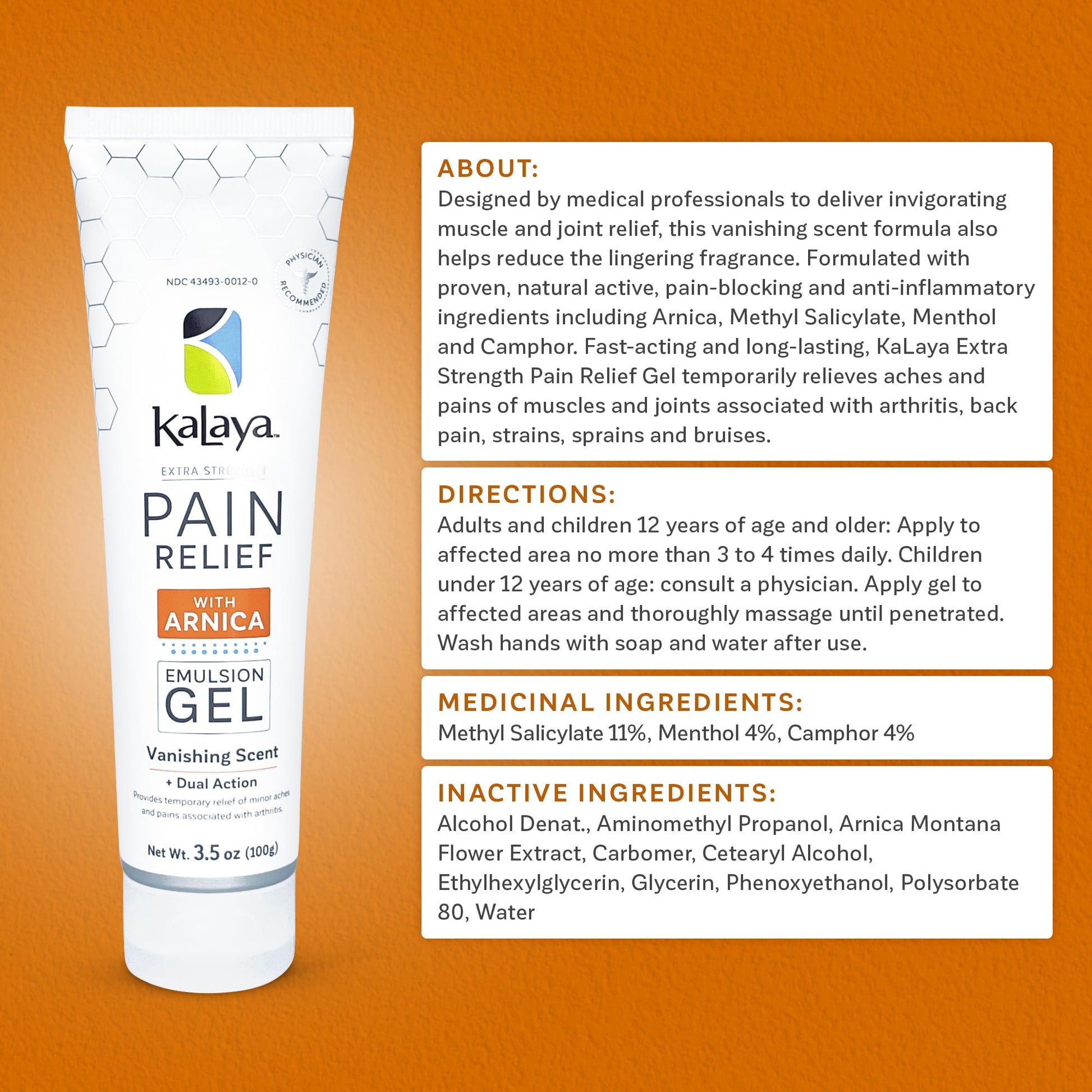 Kalaya Extra Strength Pain Relief Gel with Arnica -Fast Acting, Long Lasting, Vanishing Scent, medically formulated for Arthritis, Joints, Muscle, Back, Neck, Shoulder, Hand and Knee Pain Kalaya Naturals uk supplements