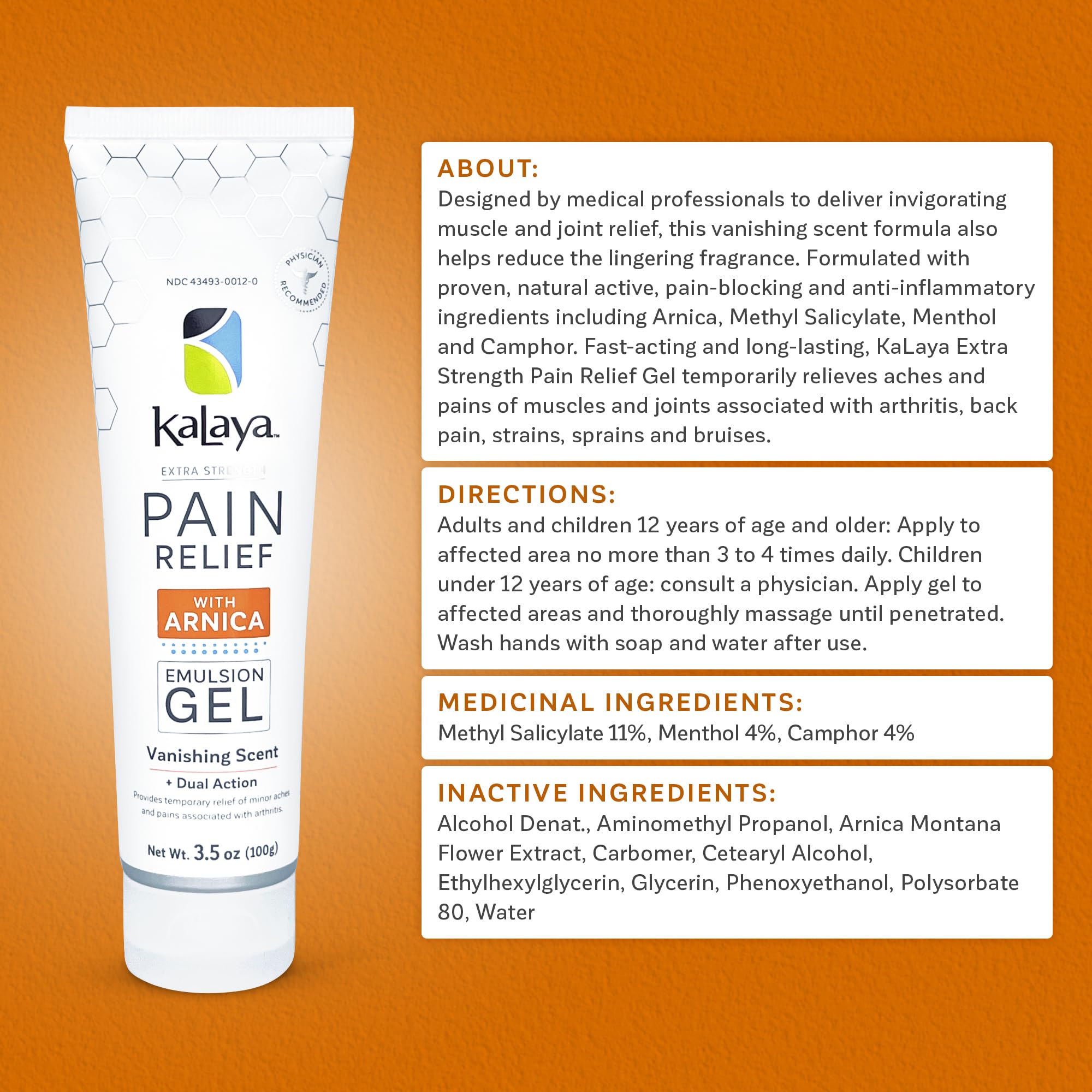 Kalaya Extra Strength Pain Relief Gel with Arnica -Fast Acting, Long Lasting, Vanishing Scent, medically formulated for Arthritis, Joints, Muscle, Back, Neck, Shoulder, Hand and Knee Pain Kalaya Naturals uk supplements