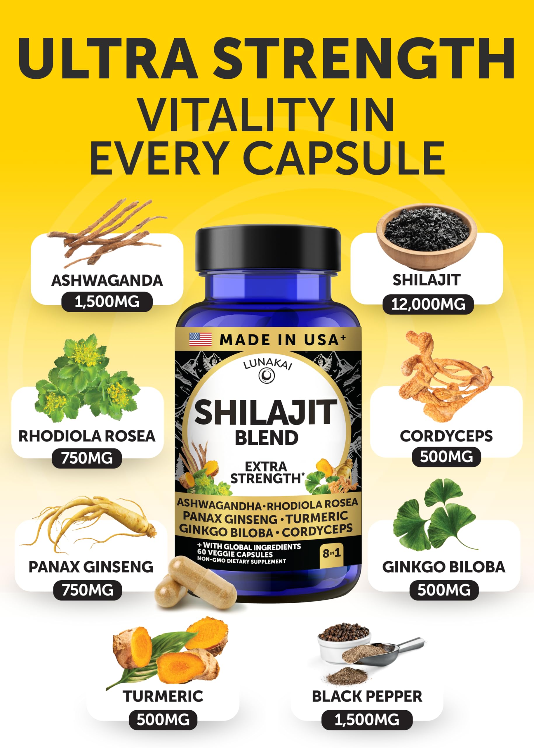 Lunakai USA Made Pure Shilajit Capsules with Ashwagandha, Rhodiola & Cordyceps - Extra Strength Shilajit Extract for Men & Women, 60ct Lunakai uk supplements