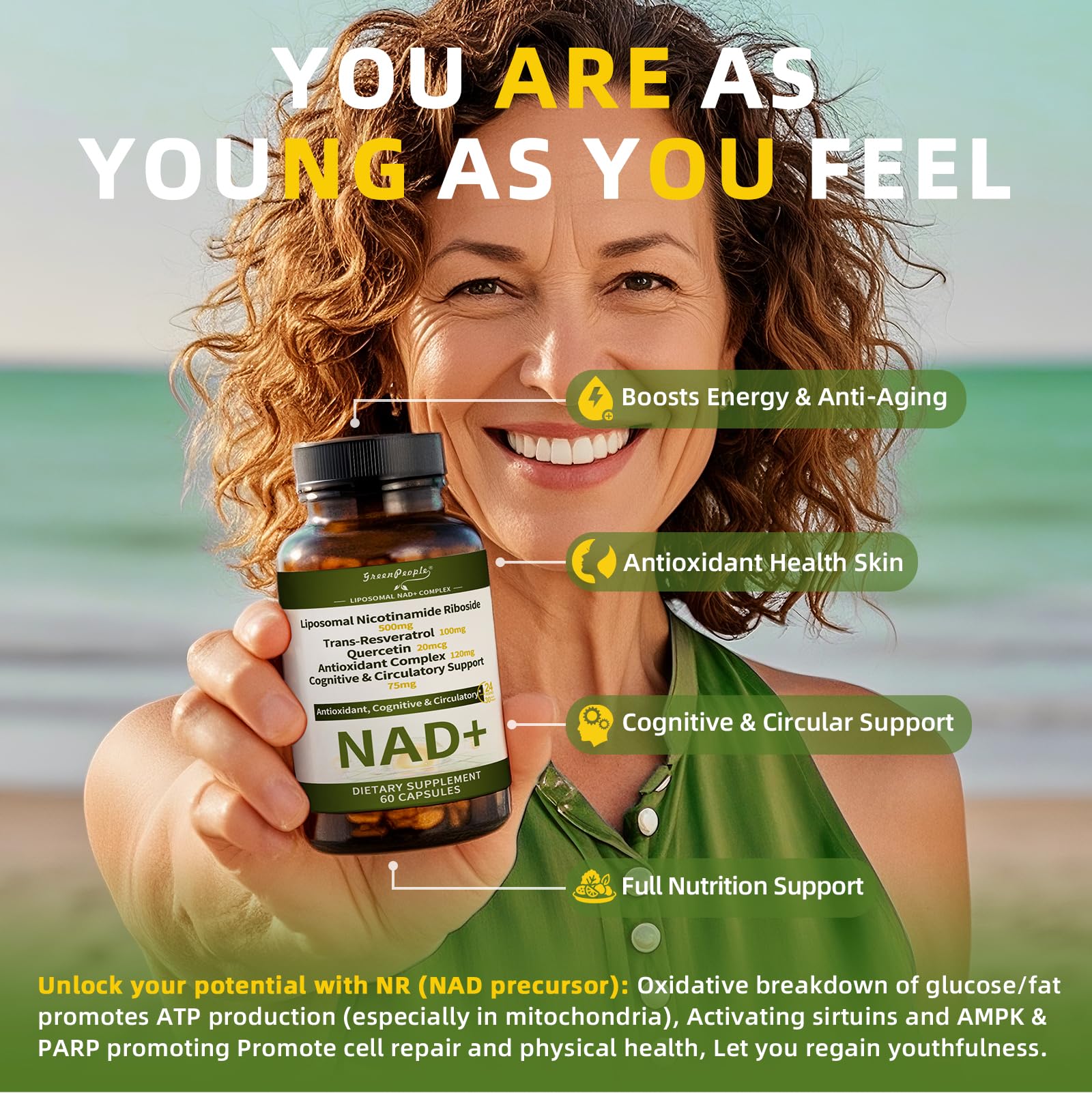 NAD+ Supplement for Women with Resveratrol , 20-in-1 NAD Plus Supplement with Liposomal Nicotinamide Riboside Boost NAD+ Levels for Cell Repair Energy, Antioxidant,Focus - 60 Vegan Capsules GREENPEOPLE uk supplements