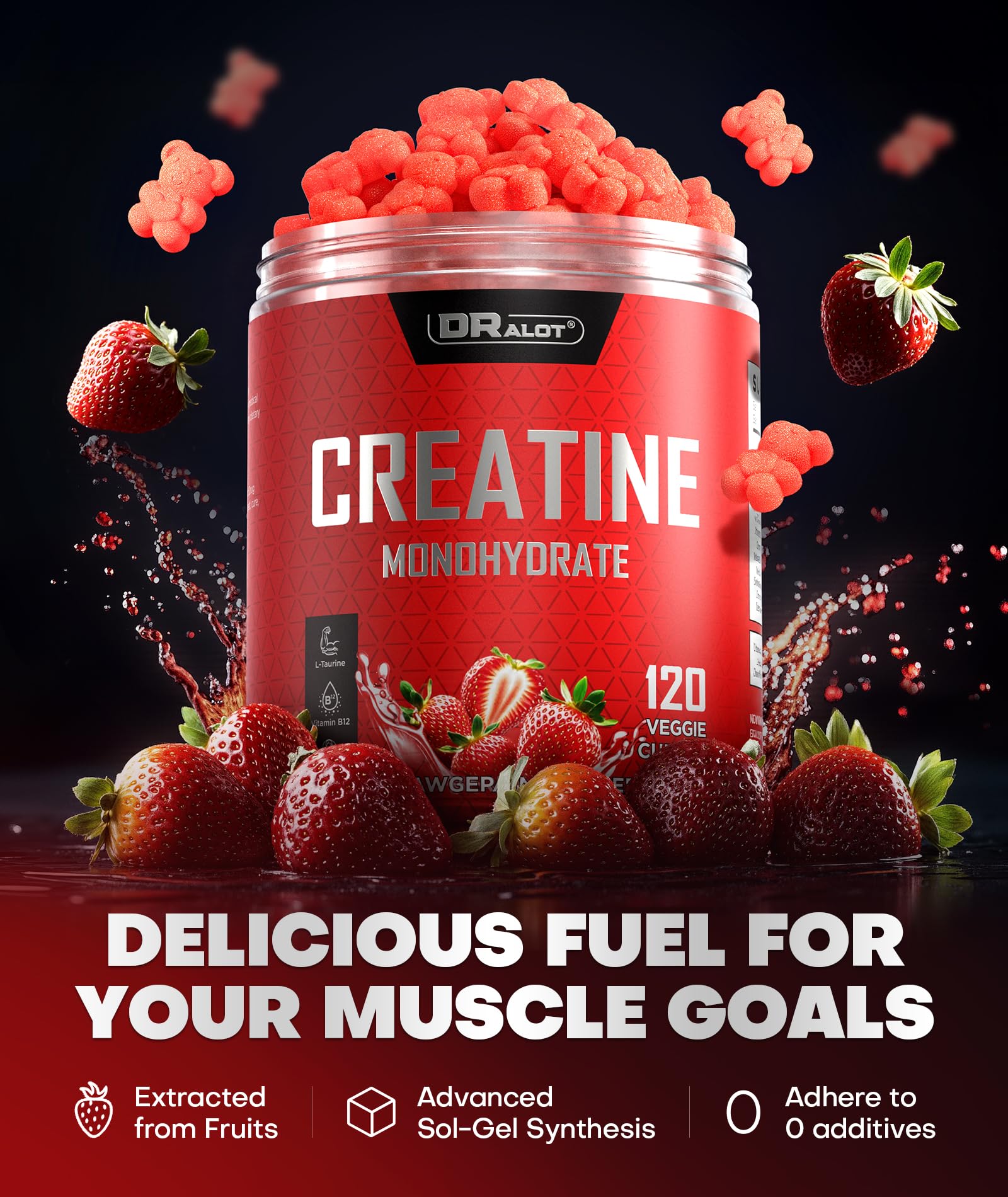 Dralot 99.99% Creatine Monohydrate Gummies More 15% Strength, 5X Energy & Muscle Support Pre-Workout Complex Creatine for Women & Men with 5000mg Creatine, L-Taurine, B12, Mg & K, 0 Sugar, Vegan Dralot uk supplements