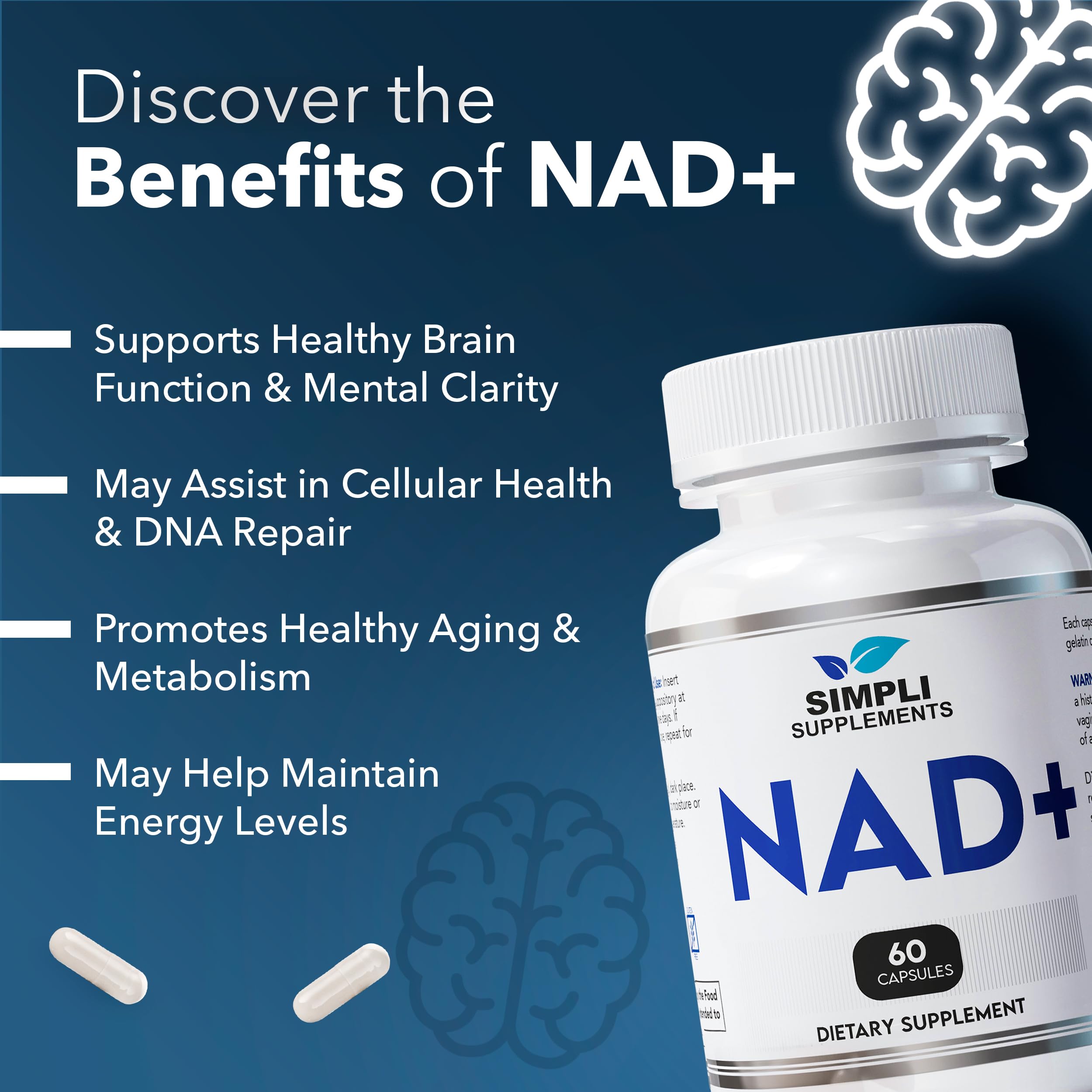 NAD Supplement for Anti-Aging and Cell Regeneration | NAD Booster 500mg Per Serving | NMN Supplement Alternative | Similar to Nicotinamide Riboside | 60 Capsules (30 Day Supply) Simpli Supplements uk supplements