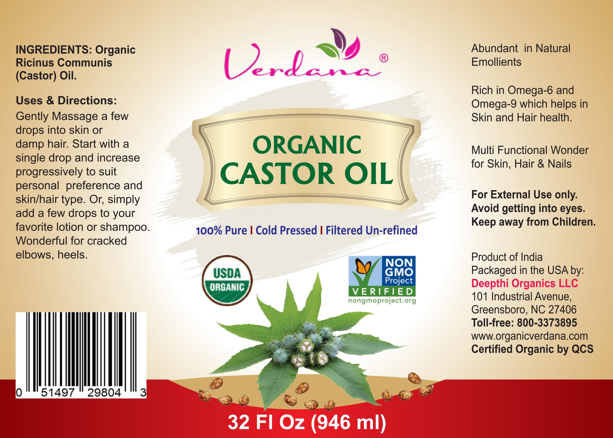 Verdana Organic Castor Oil – USDA Certified Organic – Cold Pressed, Unrefined, 100% Pure and Hexane Verdana uk supplements