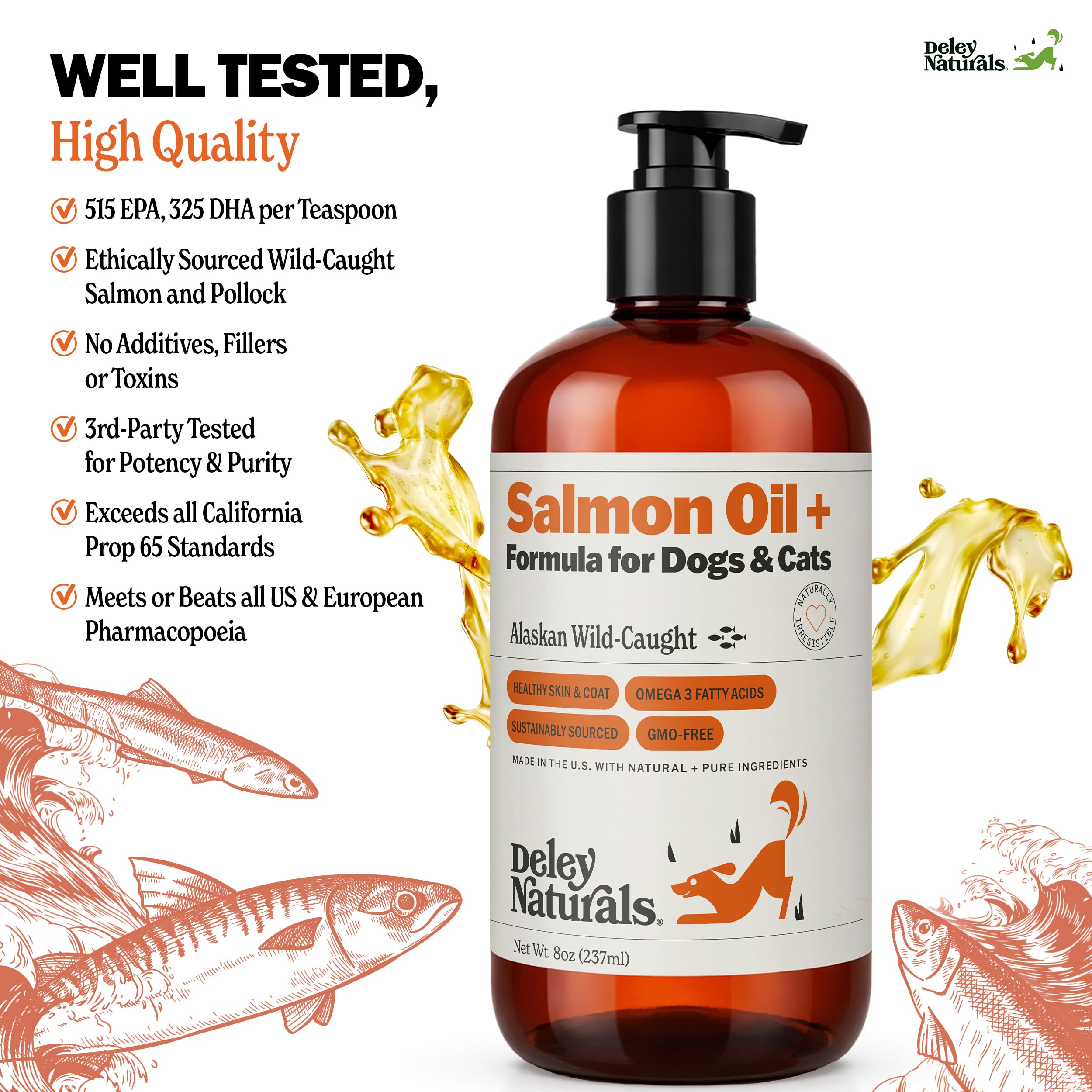 Deley Naturals Wild Alaskan Salmon Oil for Dogs & Cats - New and Improved Salmon Oil Plus Formula - Fish Oil for Dogs with Omega 3, DHA and EPA - Omega 3 for Healthy Skin and Coat - 8oz Made in USA Deley Naturals uk supplements