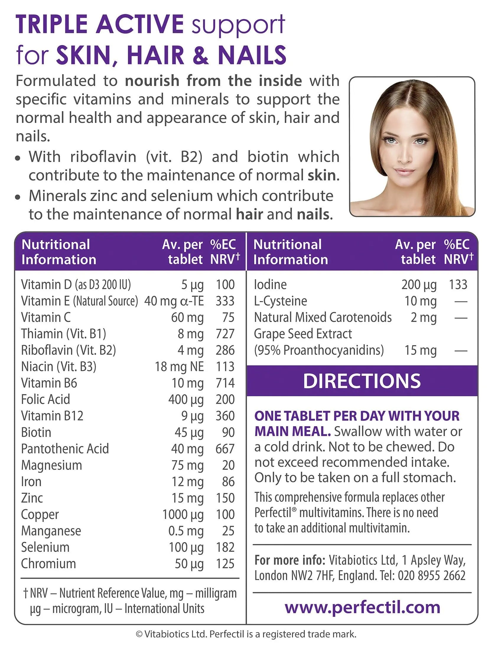 Vitabiotics, Perfectil Triple Active, Essential Nutrients to help maintain healthy Skin, Hair & Nails, 30-Count Boxes (Pack of 2) Perfectil uk supplements