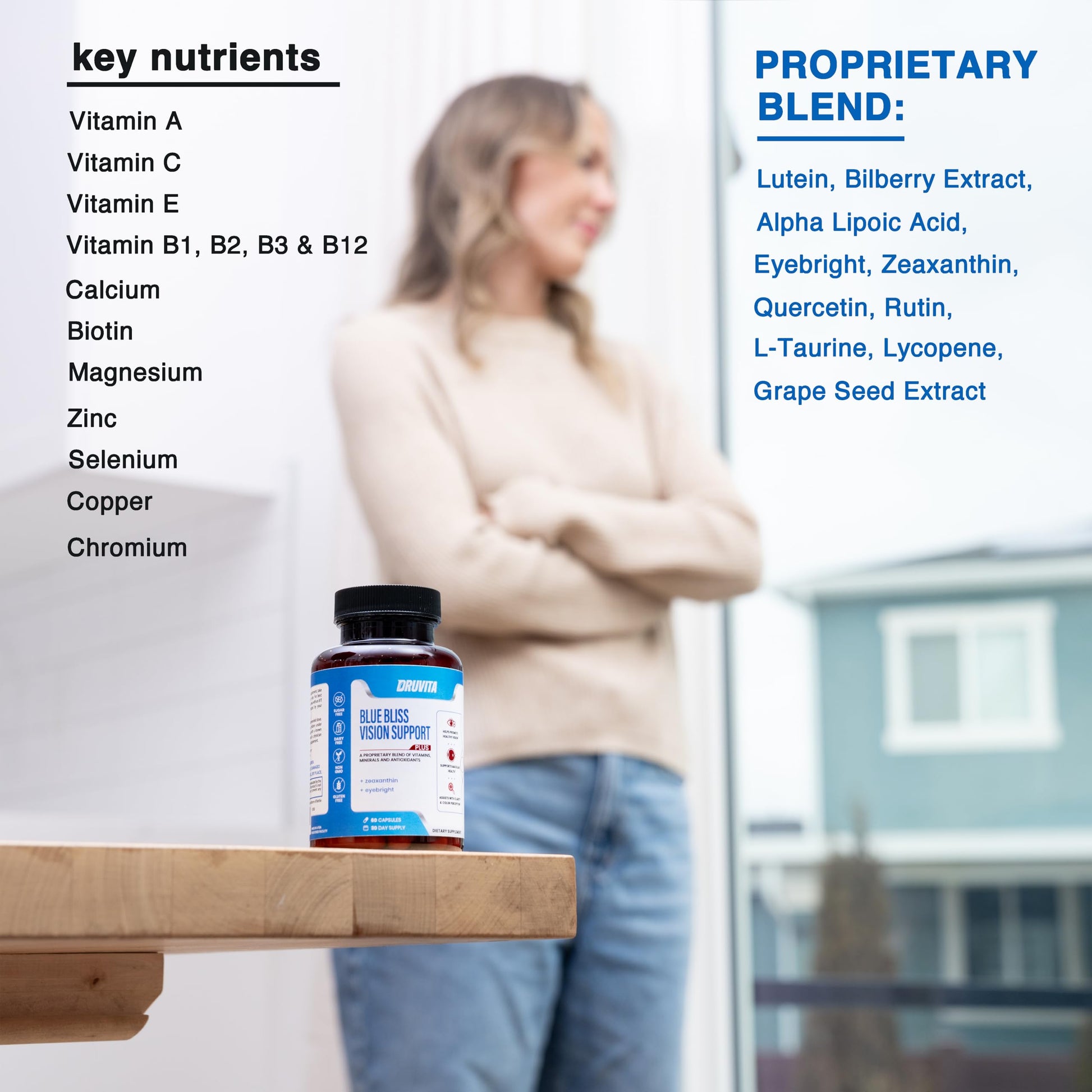 Blue Bliss Vision Support - Eye Vitamins with Lutein, Biotin, Bilberry and Zeaxanthin - Vitamin Supplement for Vision Health and Preservation for Adults Seniors 60 Veggie Capsules 30 Day Supply Druvita uk supplements
