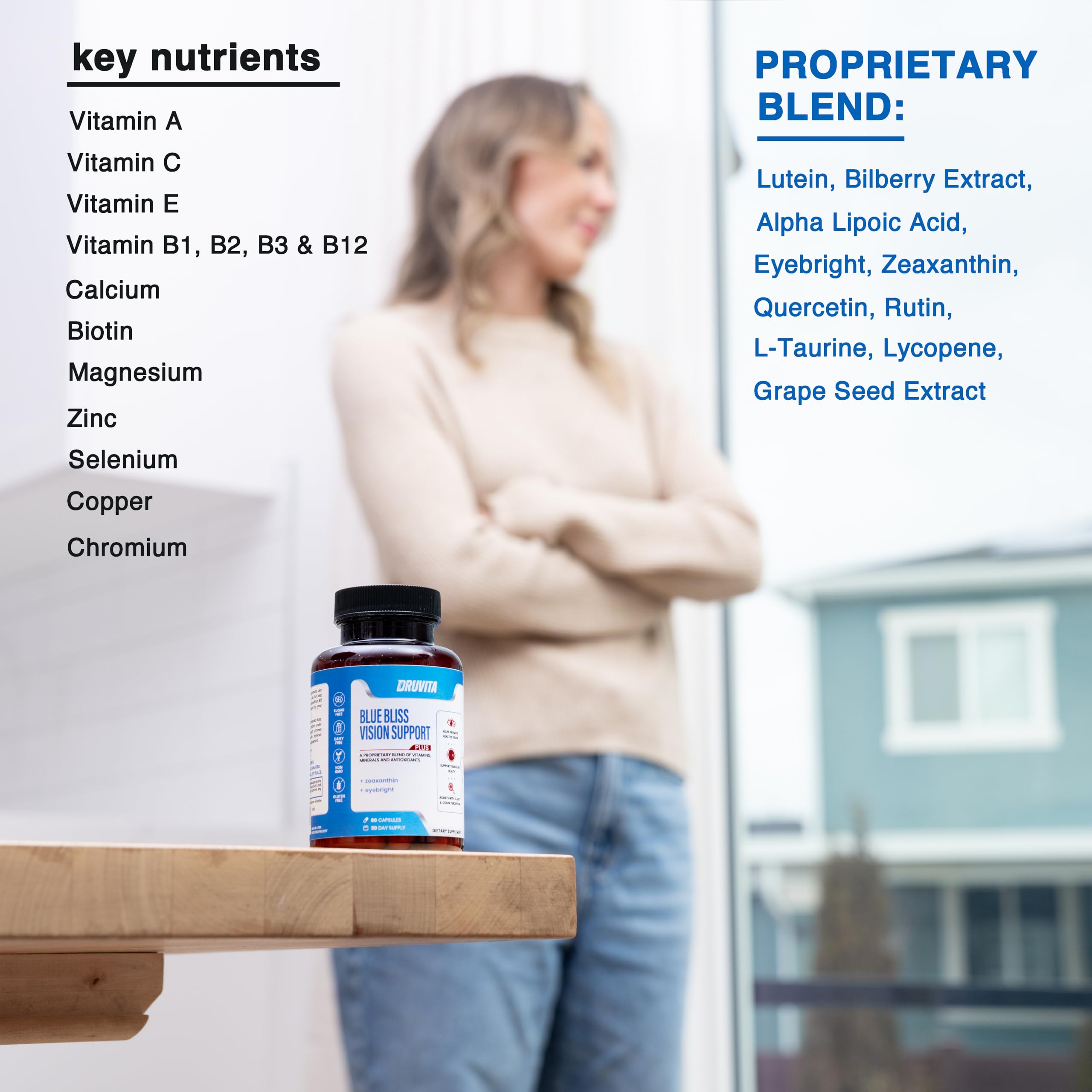 Blue Bliss Vision Support - Eye Vitamins with Lutein, Biotin, Bilberry and Zeaxanthin - Vitamin Supplement for Vision Health and Preservation for Adults Seniors 60 Veggie Capsules 30 Day Supply Druvita uk supplements