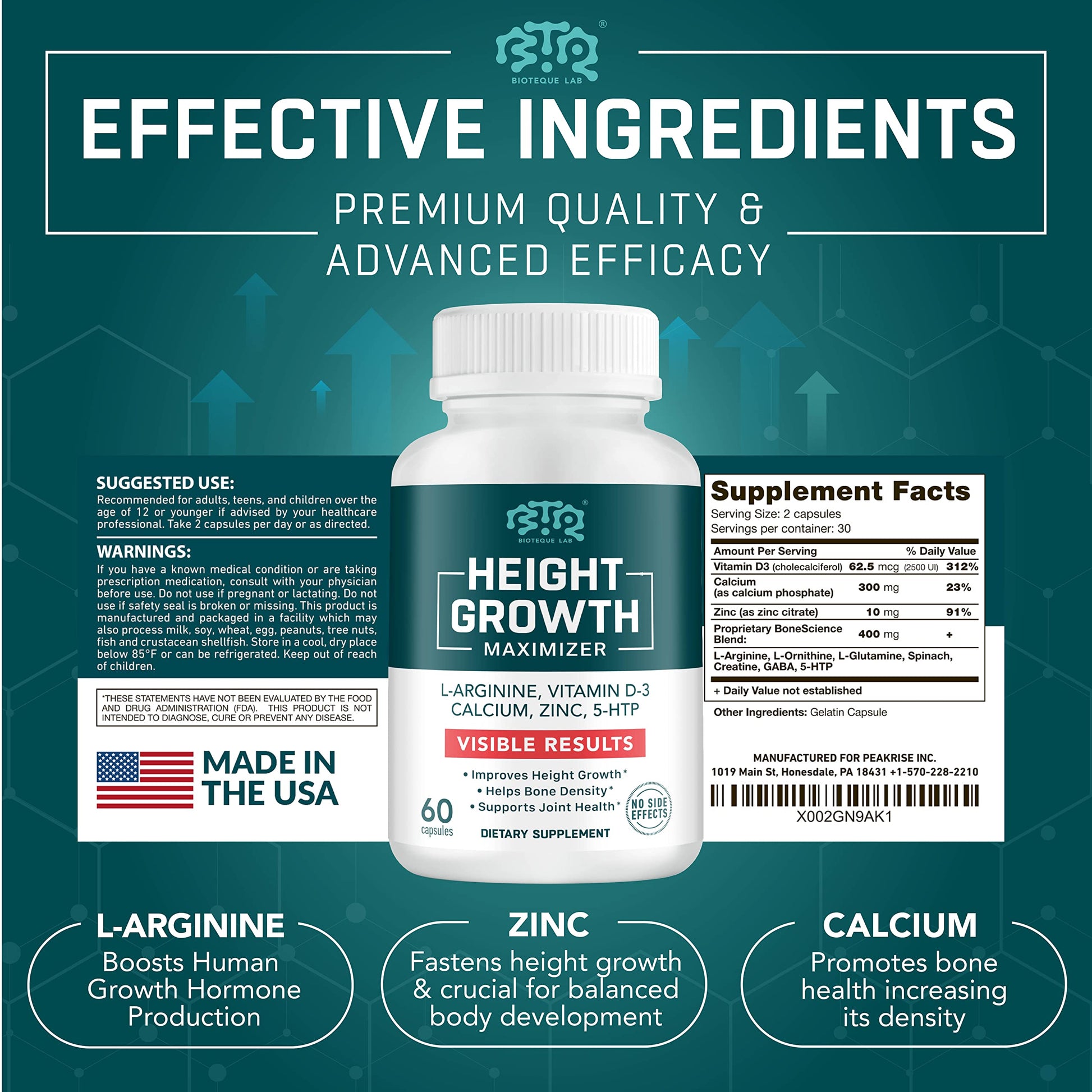 BIOTEQUELAB Height Growth Maximizer, Calcium, Vitamin D3 and Zinc Blend Pills, Bone Growth Supplement for Kids and Teens, Bone Strength, Density Support, GMO-Free, Gluten-Free, Made in USA, 60 Caps BTQ BIOTEQUE LAB uk supplements