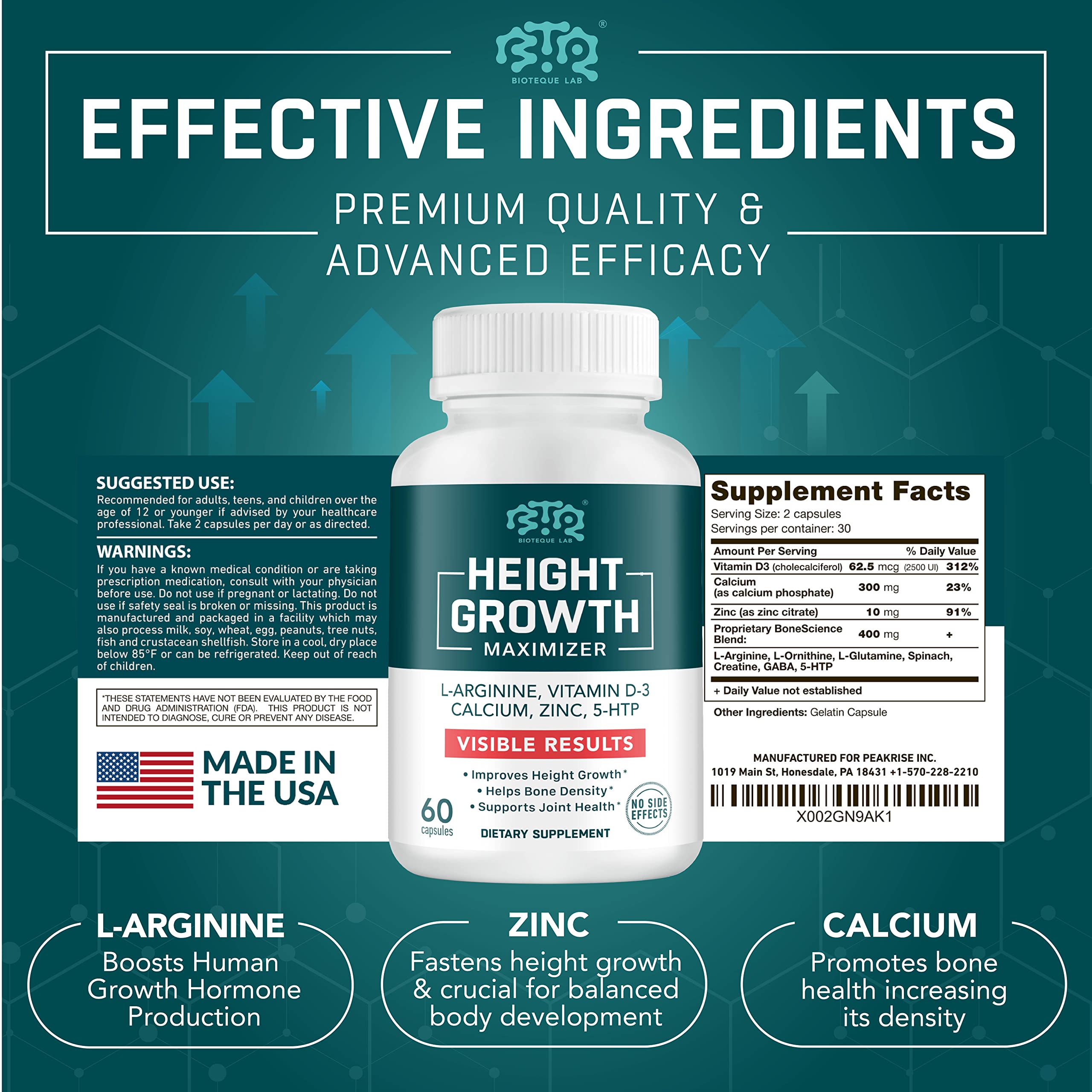 BIOTEQUELAB Height Growth Maximizer, Calcium, Vitamin D3 and Zinc Blend Pills, Bone Growth Supplement for Kids and Teens, Bone Strength, Density Support, GMO-Free, Gluten-Free, Made in USA, 60 Caps BTQ BIOTEQUE LAB uk supplements