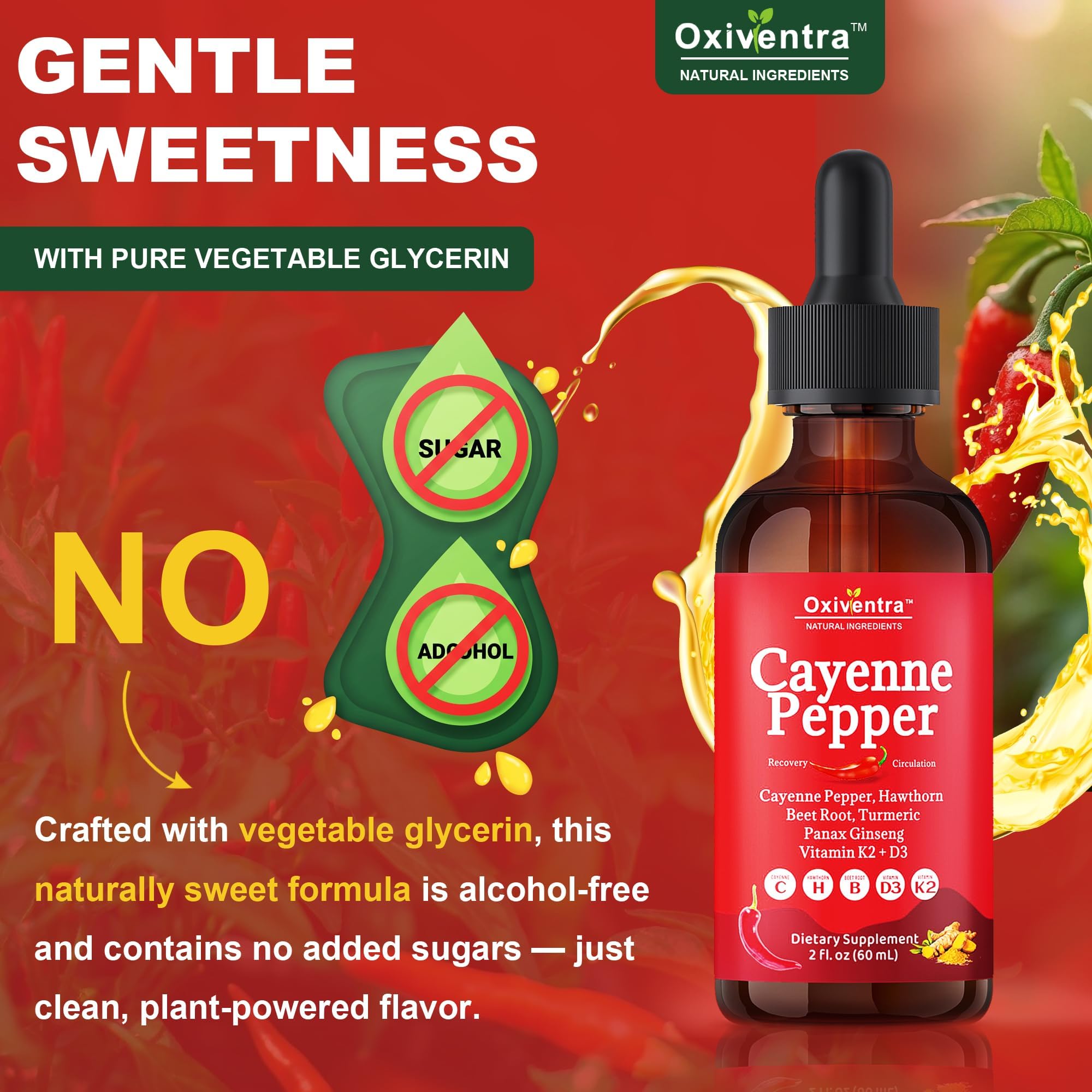 Cayenne Pepper Drops Liquid Supplement Smooth & Sweet Herbal Liquid + Hawthorn Berry, Vitamin D3 K2 Beet Root Powder, Ceylon Cinnamon, Turmeric Curcumin, Organic Panax Ginseng - 2fl oz Oxiventra uk supplements