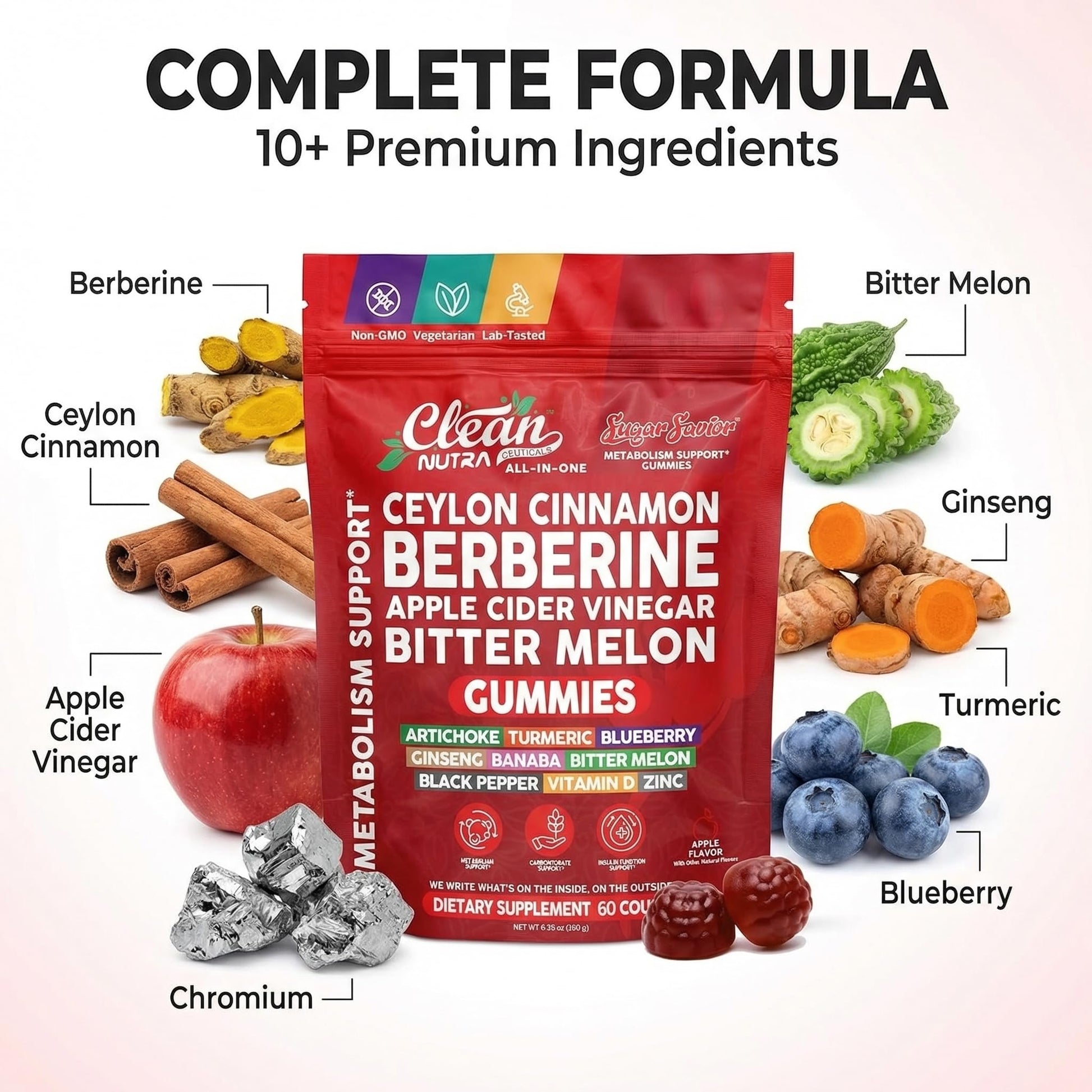 Sugar Savior Ceylon Cinnamon Berberine Gummies Apple Cider Vinegar Artichoke Turmeric Blueberry Ginseng Banaba Bitter Melon Black Pepper Vitamin D Zinc GLP1 Gummies 60 Count by Clean Nutra Clean Nutraceuticals uk supplements