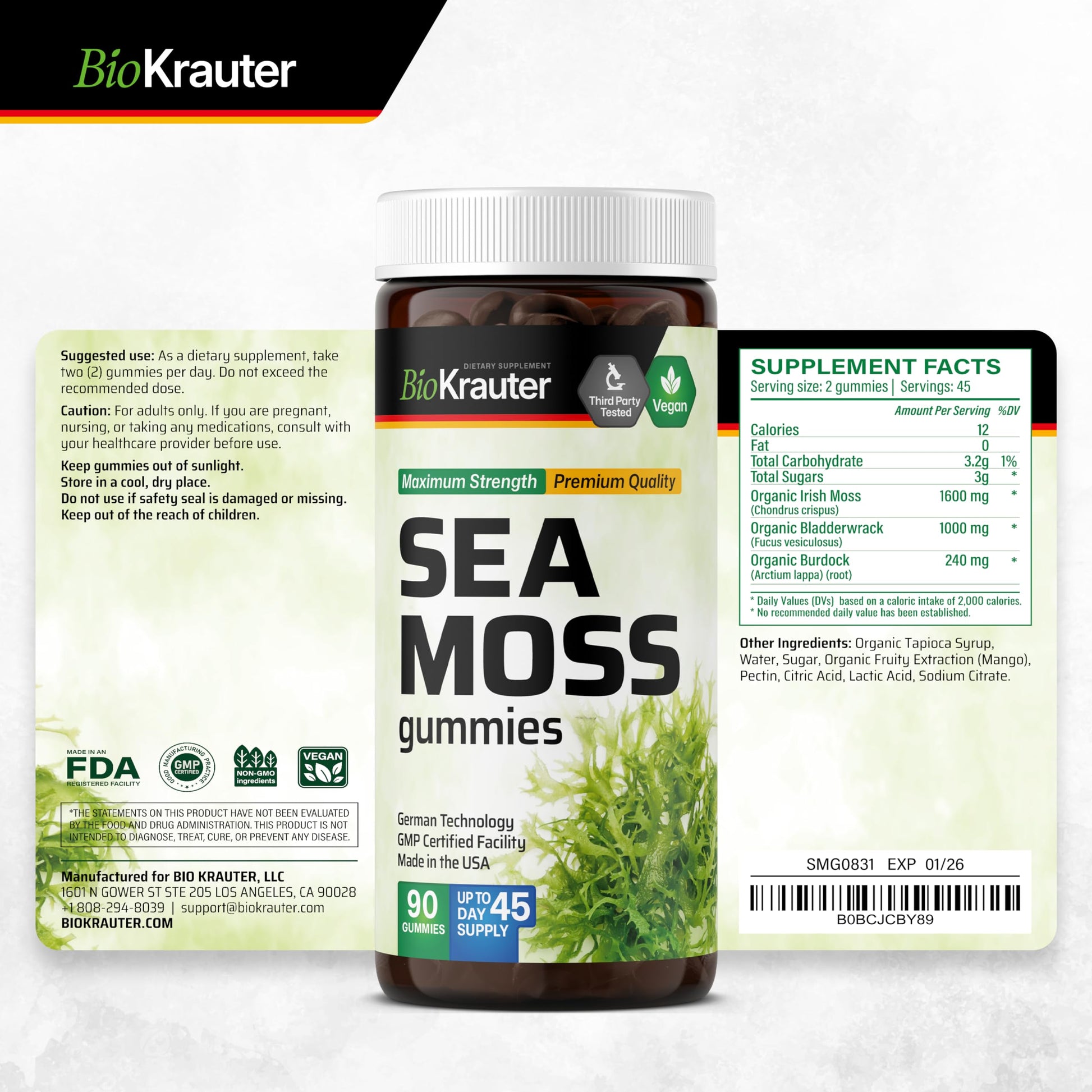 BIO KRAUTER® 3-in-1 Sea Moss for Thyroid Support - Vegan Sea Moss Gummies with Bladderwrack & Burdock Root for Women & Men - 90 Gummies Chondrus Crispus Formula, 45 Days of Supply, Mango Flavor BIO KRAUTER uk supplements