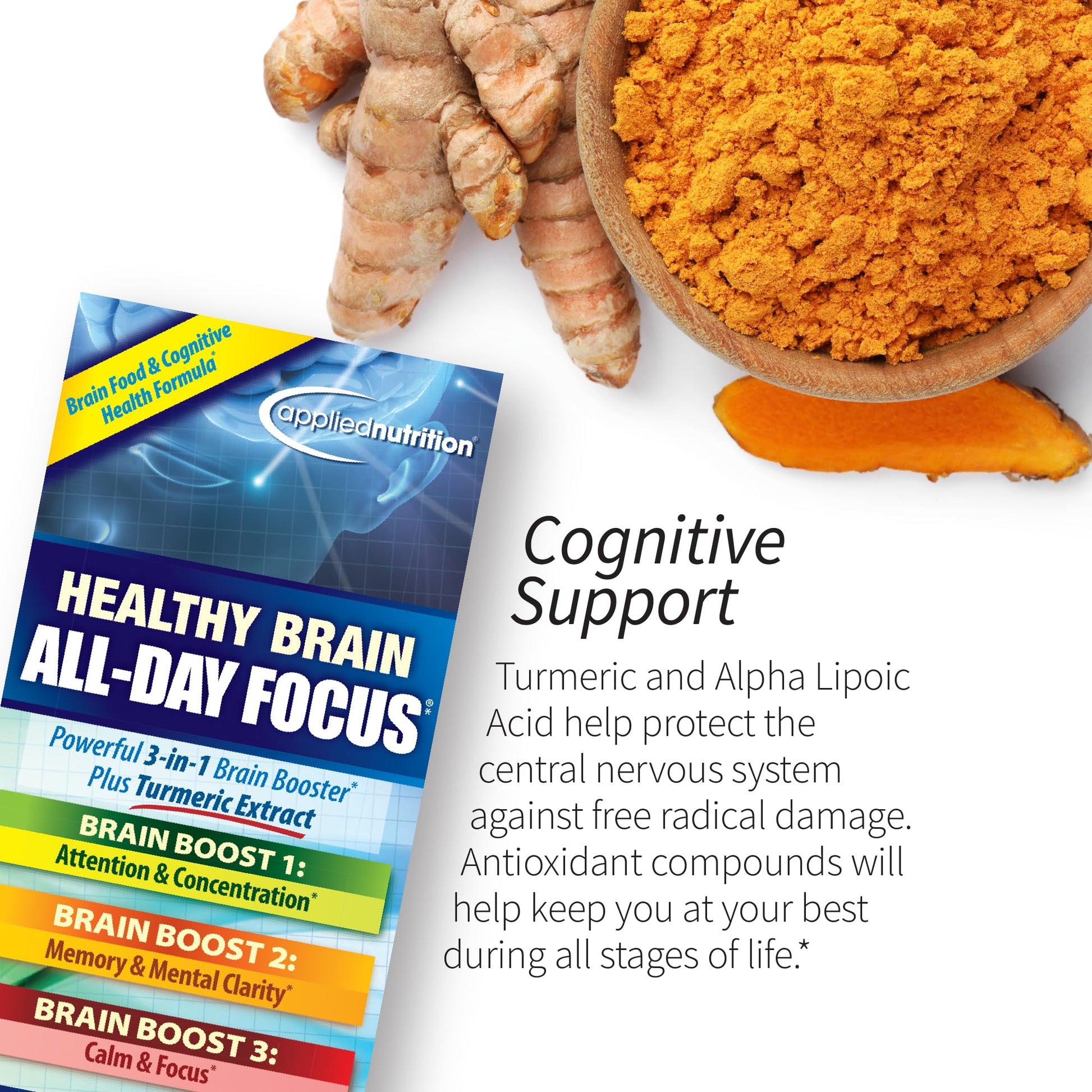 Applied Nutrition Healthy Brain All-Day Focus - 50 Tablets - Powerful 3-in-1 Brain Booster with Turmeric Extract - 25 Servings Applied Nutrition uk supplements