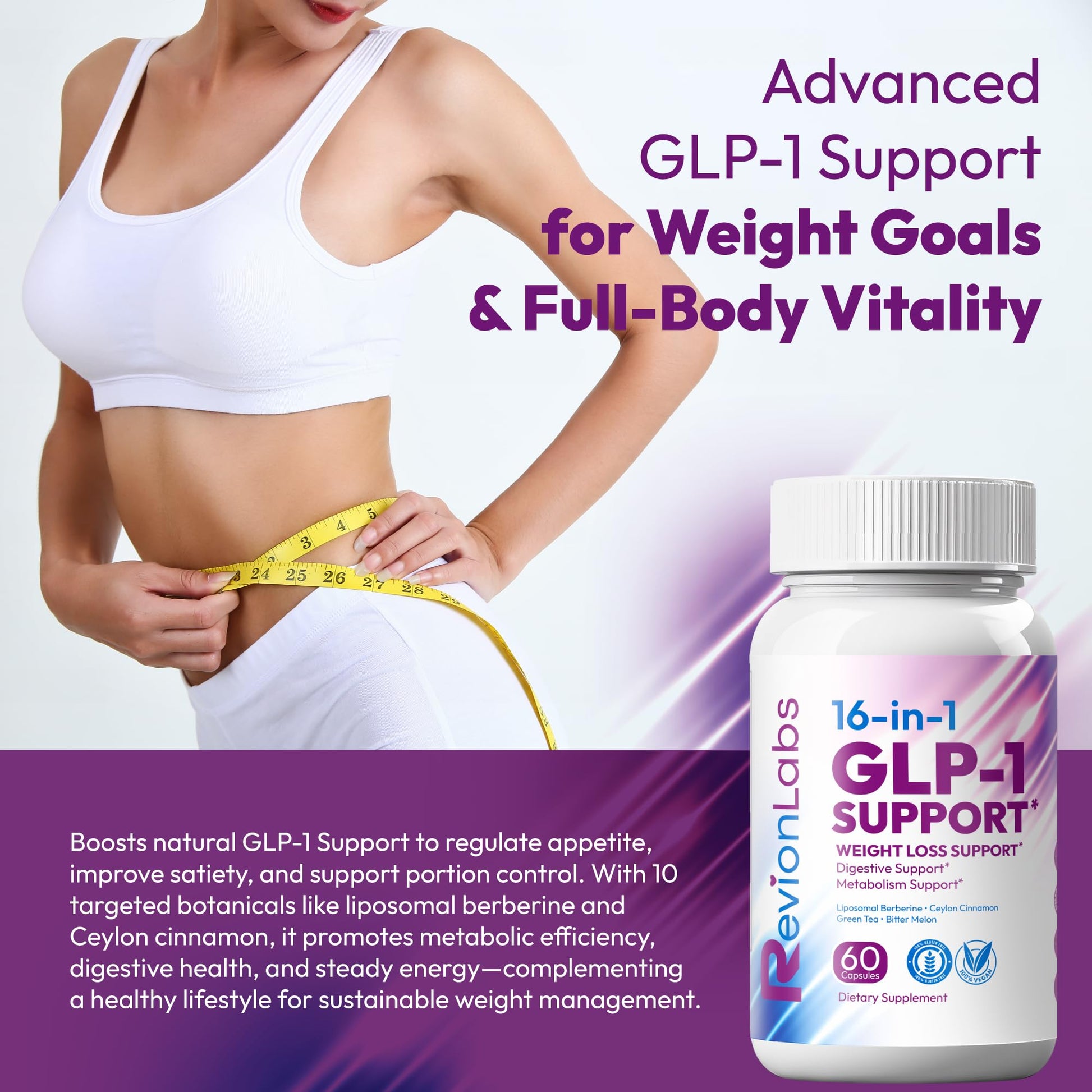 Revion LABS GLP-1 Support Weight Loss Supplement - Natural Appetite Suppressant for Women Men - Berberine Support Activate Hunger Control Curb Cravings Boost Metabolism Fat Burn & Gut Health Revion LABS uk supplements