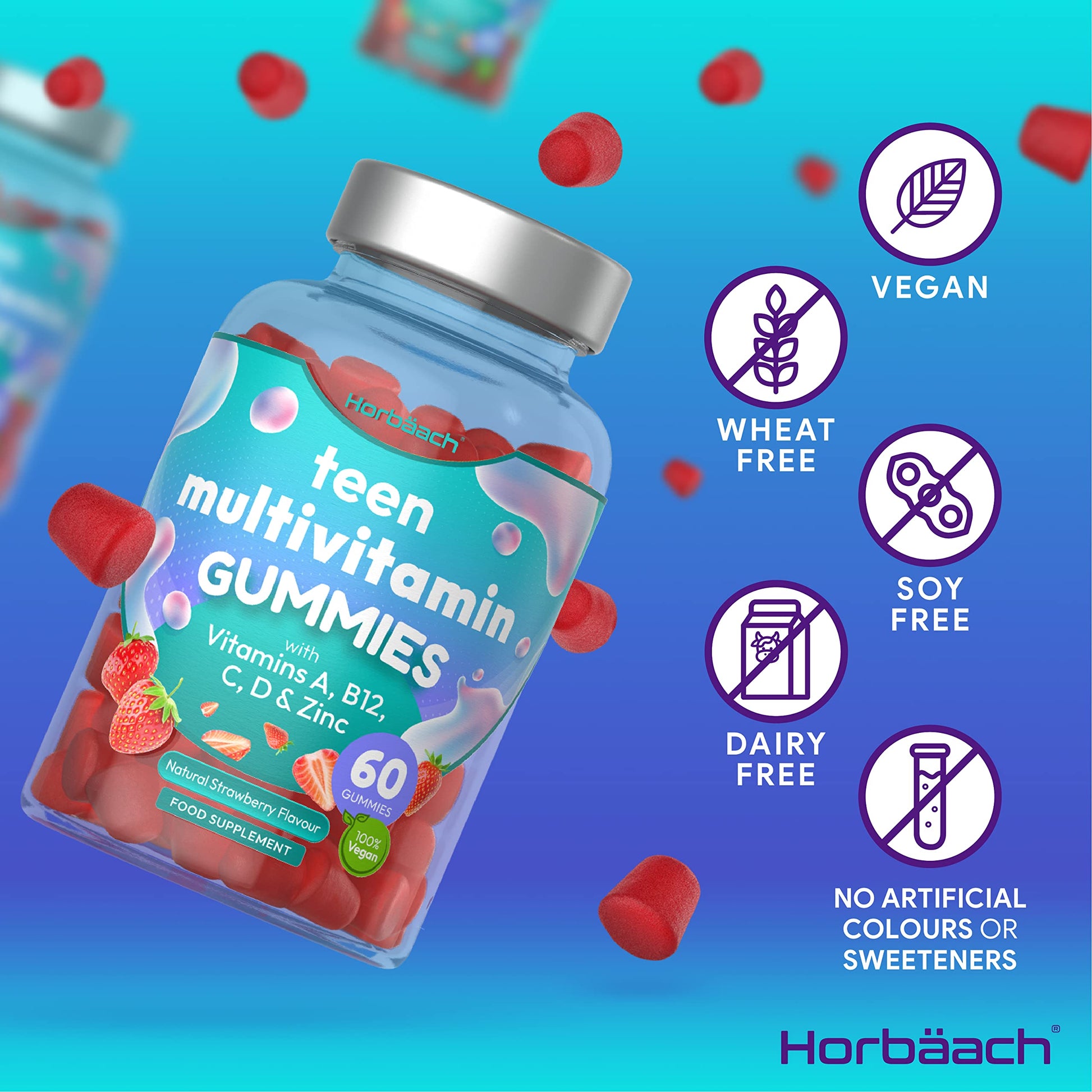 Multivitamins for Teens | 60 Vegan Gummies | 14 Essential Nutrients | with Vitamin A, B12 Horbäach uk supplements