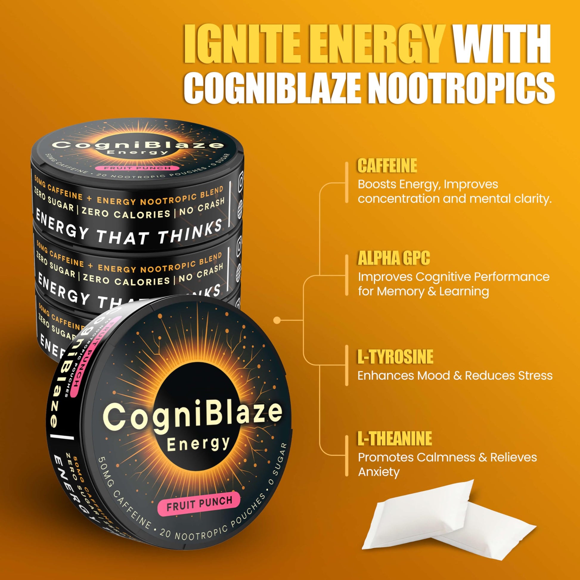CogniBlaze Caffeine Pouches (Fruit Punch) | Nootropic Energy Pouches with 50mg Caffeine, Alpha GPC, L-Tyrosine & L-Theanine | Zero Sugar | No Artificial Sweeteners | 4 Pack (80 Total) CogniBlaze uk supplements
