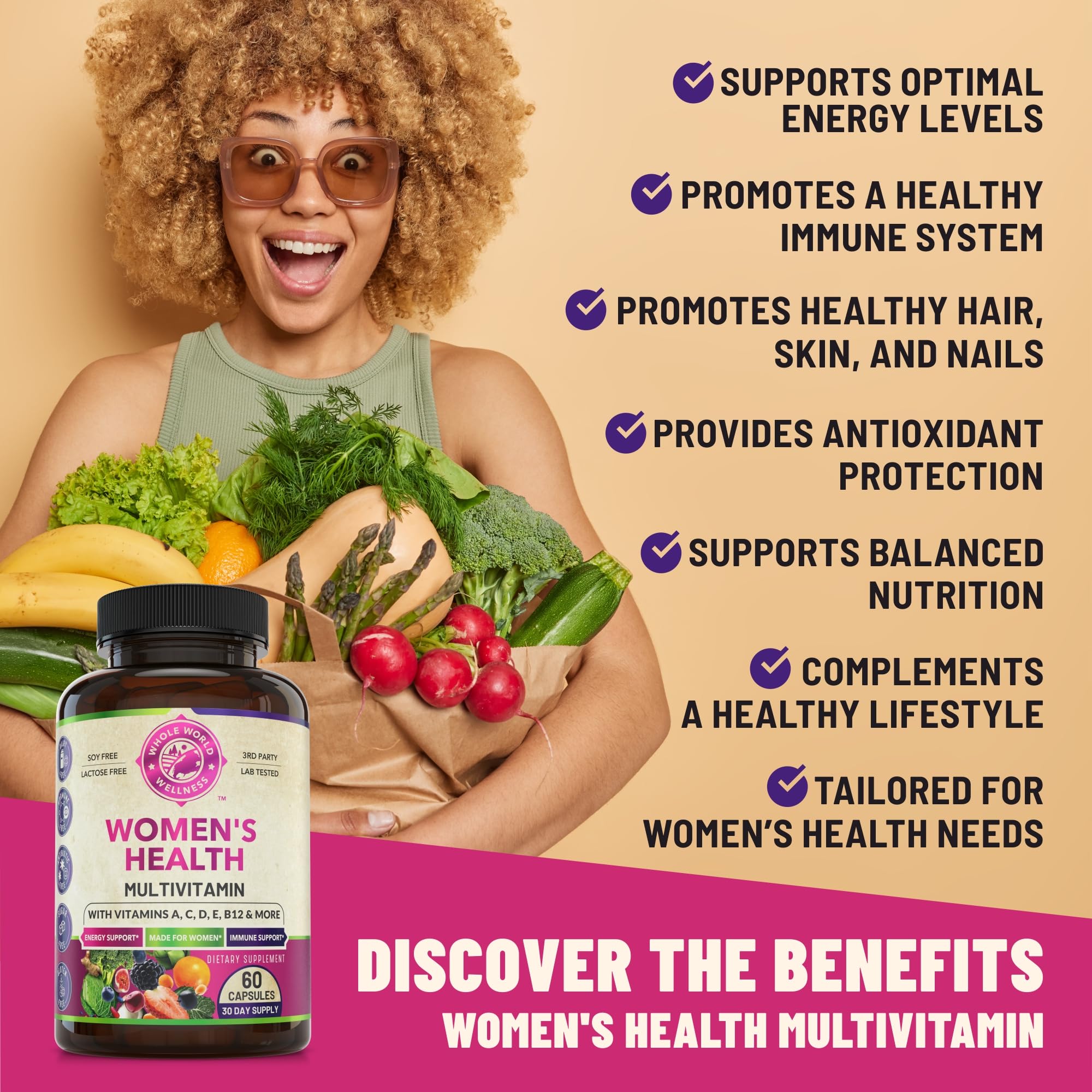 WHOLE WORLD WELLNESS Womens Daily Multivitamin Multimineral Supplement for Energy, Mood, Focus, Hair, Skin & Nails. Made for Women with 30+ Nutrients, Fruit & Energy Blend. Womens Vitamins, USA Made. WHOLE WORLD WELLNESS uk supplements