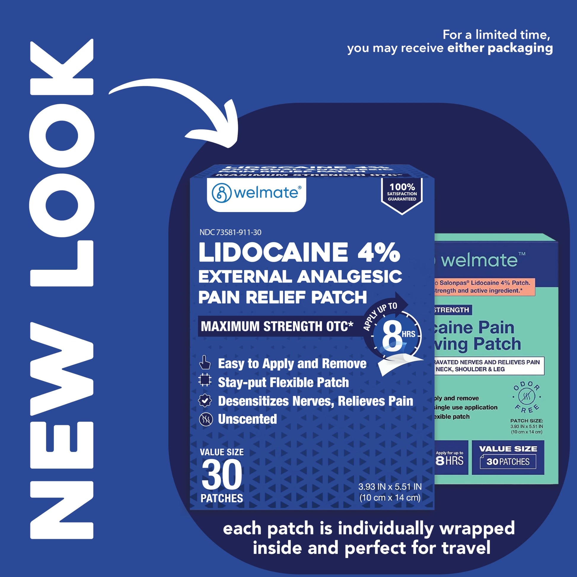 WELMATE - 4% Lidocaine Numbing Patch - Maximum Strength - Temporary Relief of Pain, Back, Neck, Shoulders, Knees, Elbows, Minor Skin Irritations - Topical Analgesic Unscented - 30 ct WELMATE uk supplements