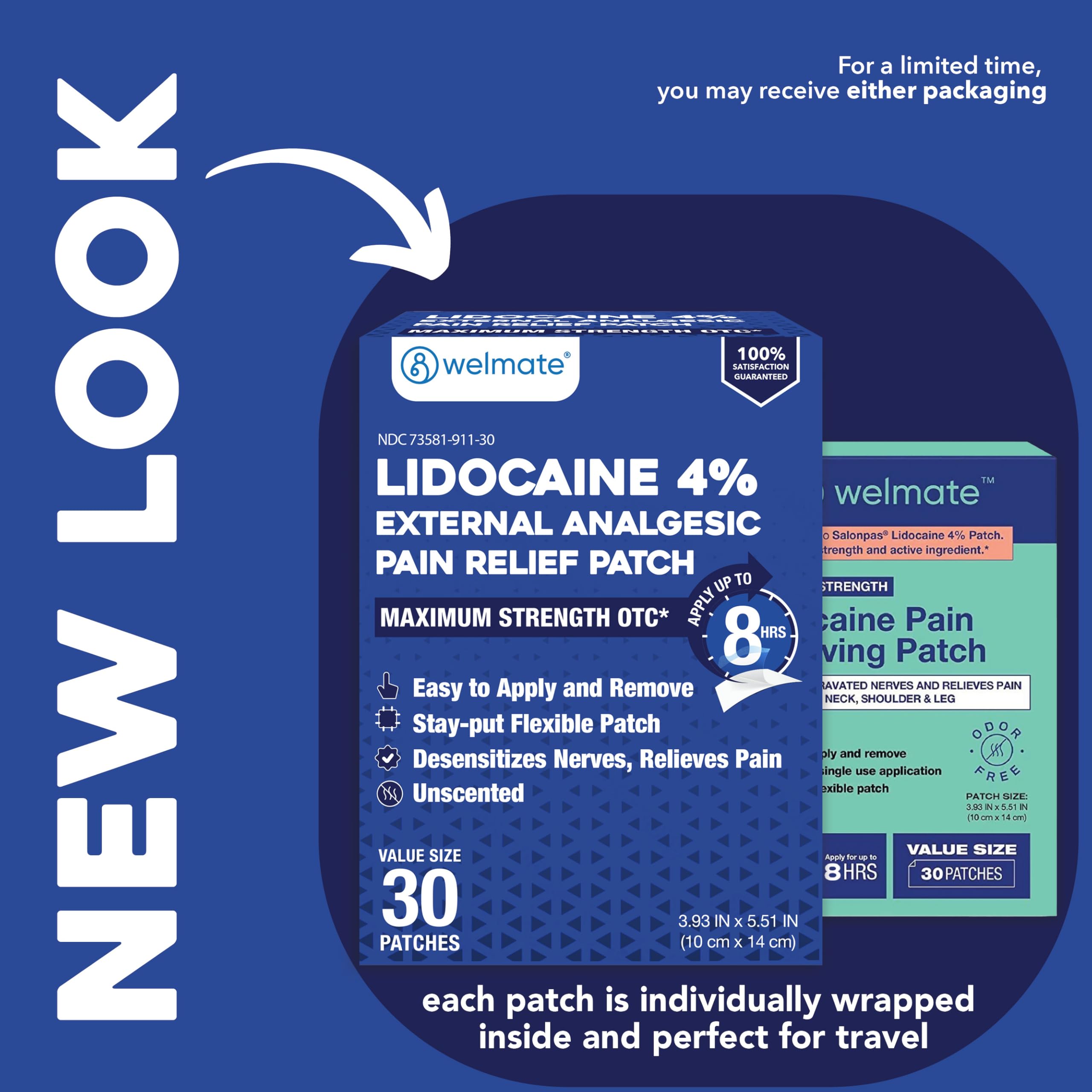 WELMATE - 4% Lidocaine Numbing Patch - Maximum Strength - Temporary Relief of Pain, Back, Neck, Shoulders, Knees, Elbows, Minor Skin Irritations - Topical Analgesic Unscented - 30 ct WELMATE uk supplements