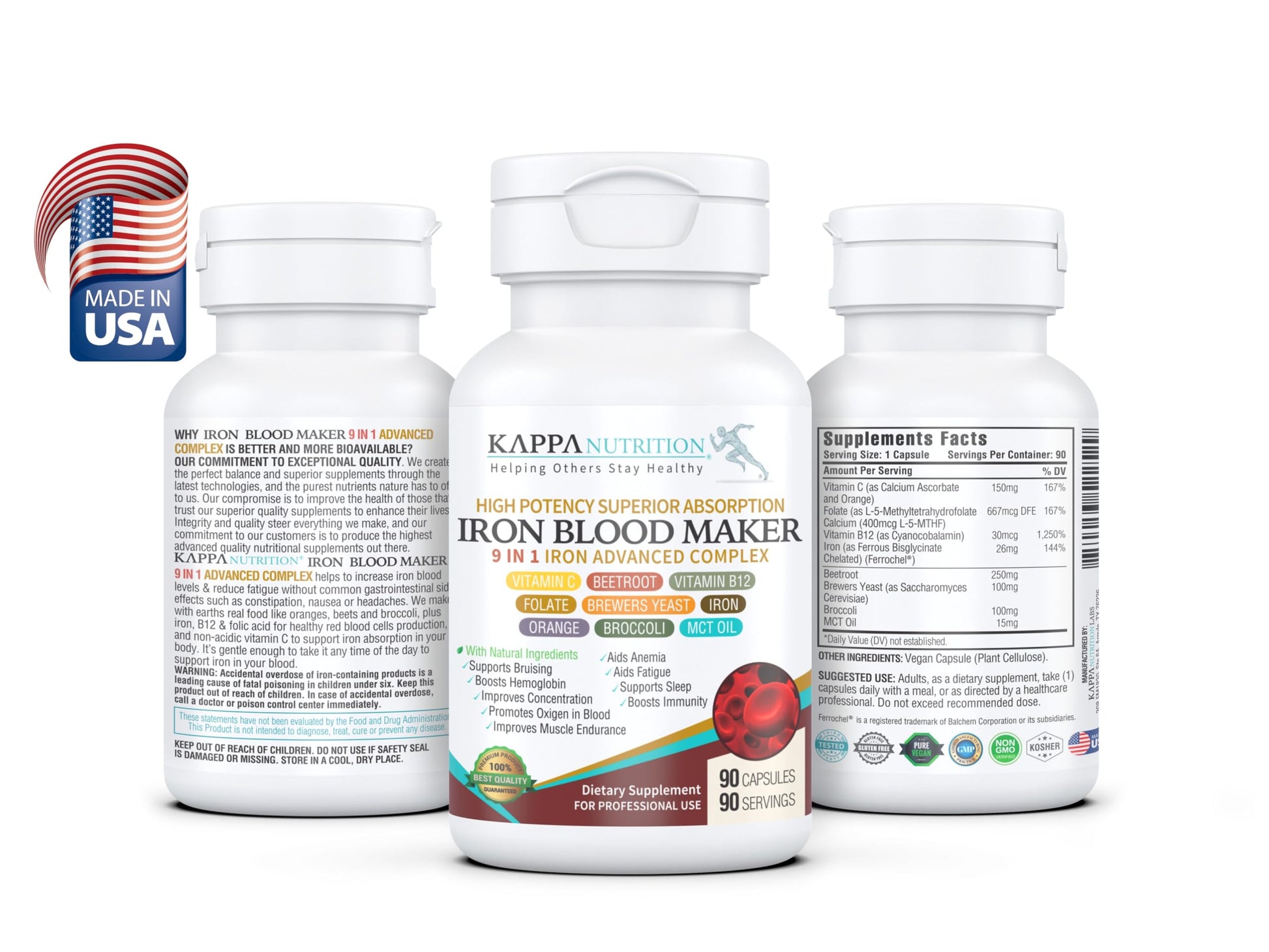 KAPPA NUTRITION Iron 26mg, Vitamin C & Orange 150mg, Folate 667mcg DFE, Vitamin B12, Beetroot, Brewers Yeast, Broccoli & MCT Oil 9 in 1 Advanced Complex (90 Capsules) KAPPA NUTRITION uk supplements