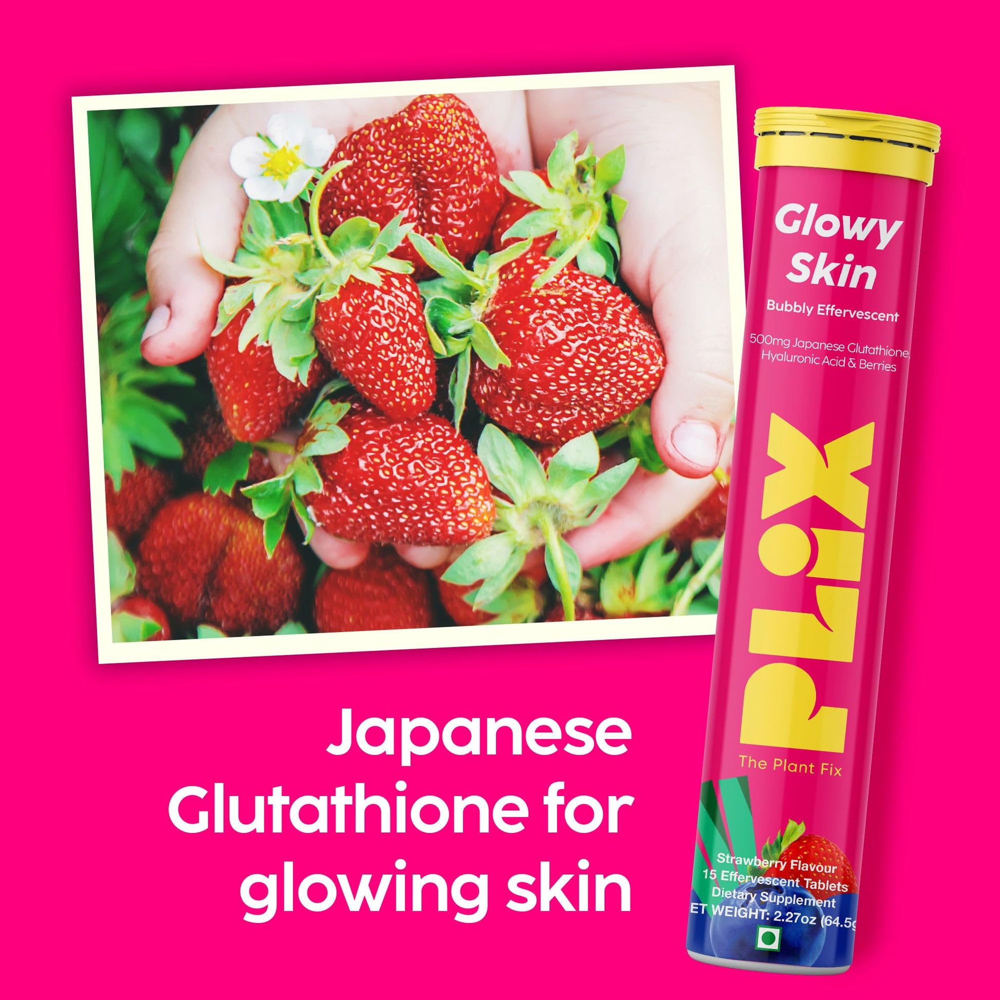 PLIX Glowy Skin 500mg Glutathione Supplement with Hyaluronic Acid, Vitamin C, E & Berries | 30 Effervescent Tablets, Strawberry Flavor PLIX - THE PLANT FIX uk supplements