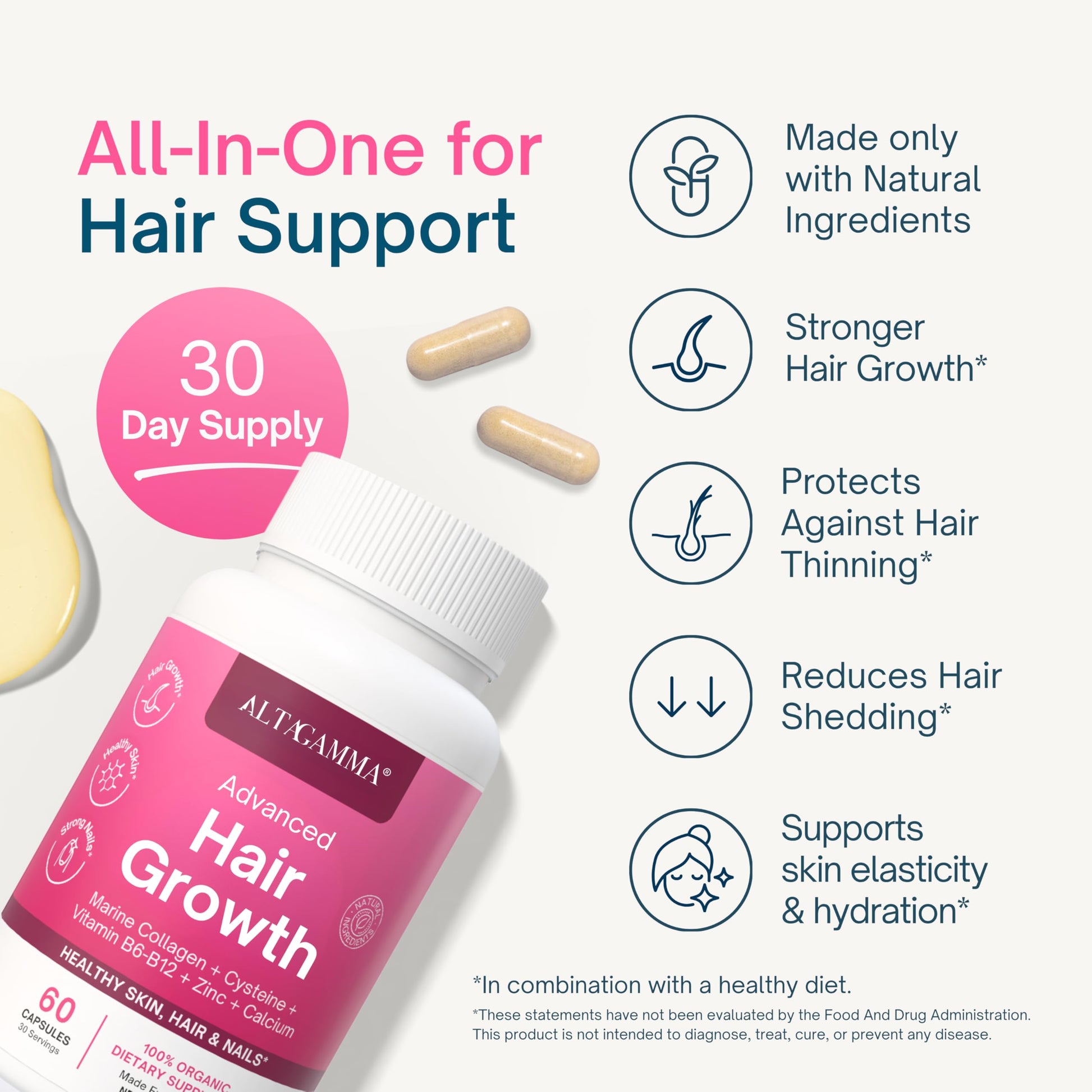 ALTAGAMMA Hair Growth Supplements - Nourishes Thinning, Strengthen Nails & Skin & Combat Hair Loss - Hair Growth Vitamins for Women & Men with Marine Collagen Peptides, 60 Capsules | 30 Day Supply ALTAGAMMA uk supplements