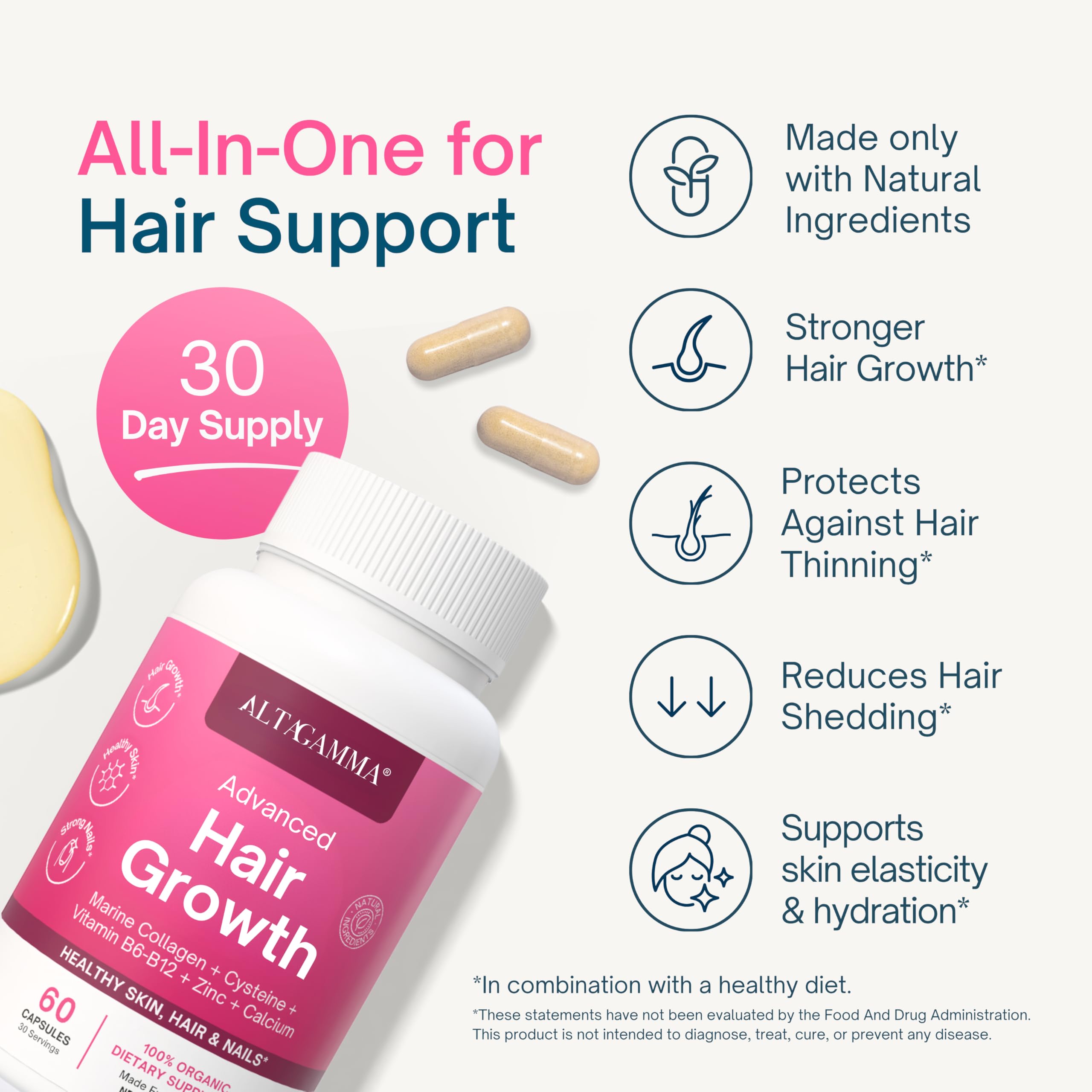 ALTAGAMMA Hair Growth Supplements - Nourishes Thinning, Strengthen Nails & Skin & Combat Hair Loss - Hair Growth Vitamins for Women & Men with Marine Collagen Peptides, 60 Capsules | 30 Day Supply ALTAGAMMA uk supplements