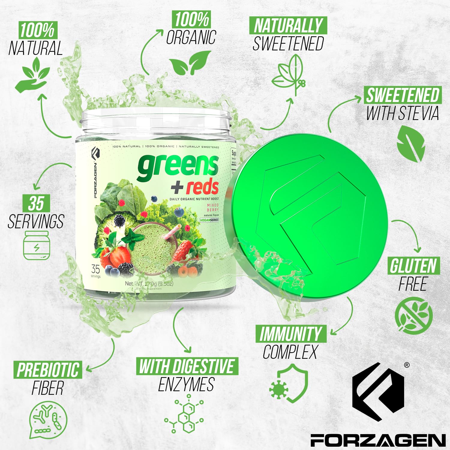 Forzagen Vegan Greens & Reds Superfood Powder - Organic Super Greens Powder | Premium Veggie Powder Supplement | 35 Servings Reds and Greens Superfood Powder Forzagen uk supplements