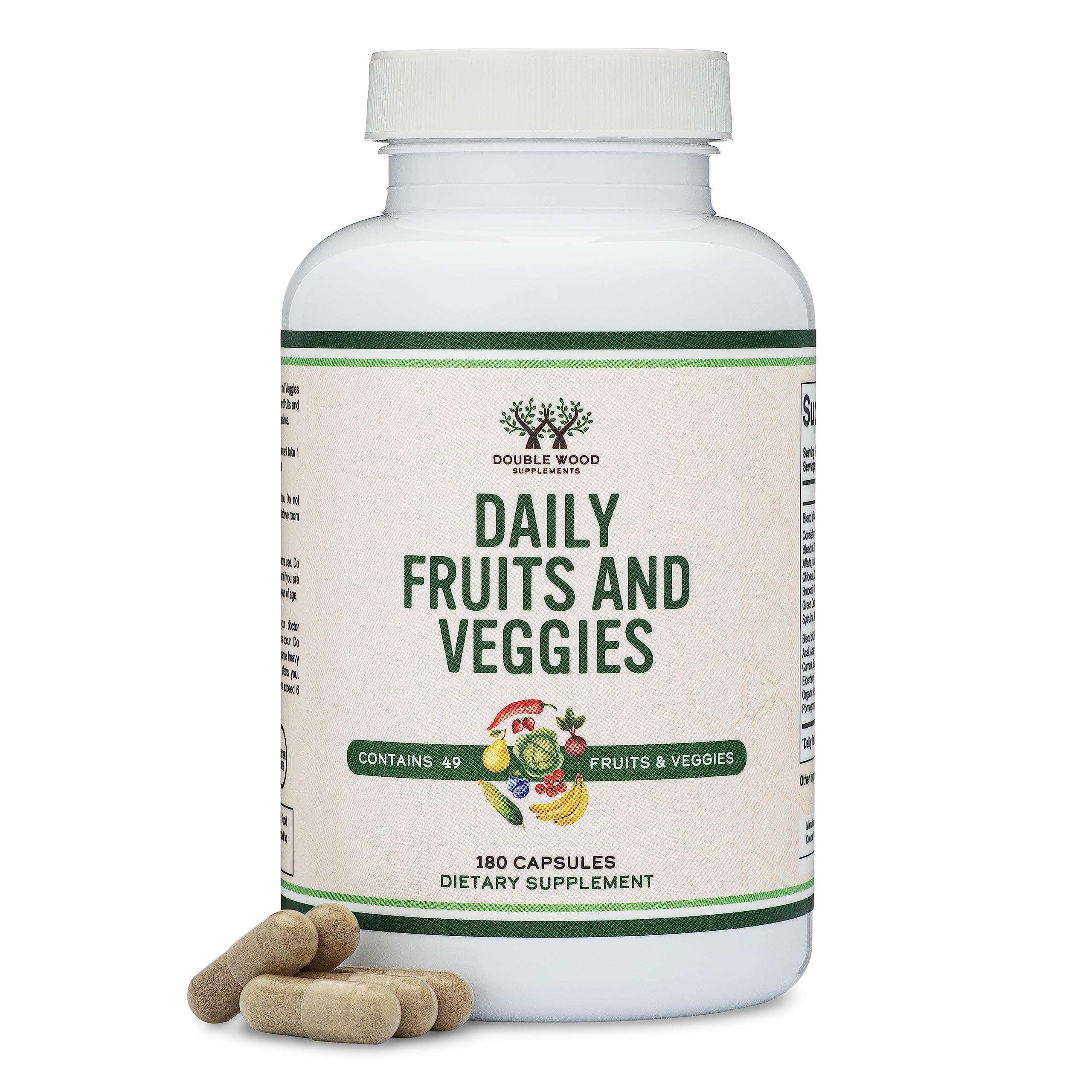 Fruits and Veggies Supplement (Daily Blend of 49 Different Fruits and Vegetables, 23 Veggies and 29 Fruits) 1,500mg Servings, 180 Capsules (No Fillers, Vegan Safe, Non-GMO) by Double Wood Double Wood Supplements uk supplements