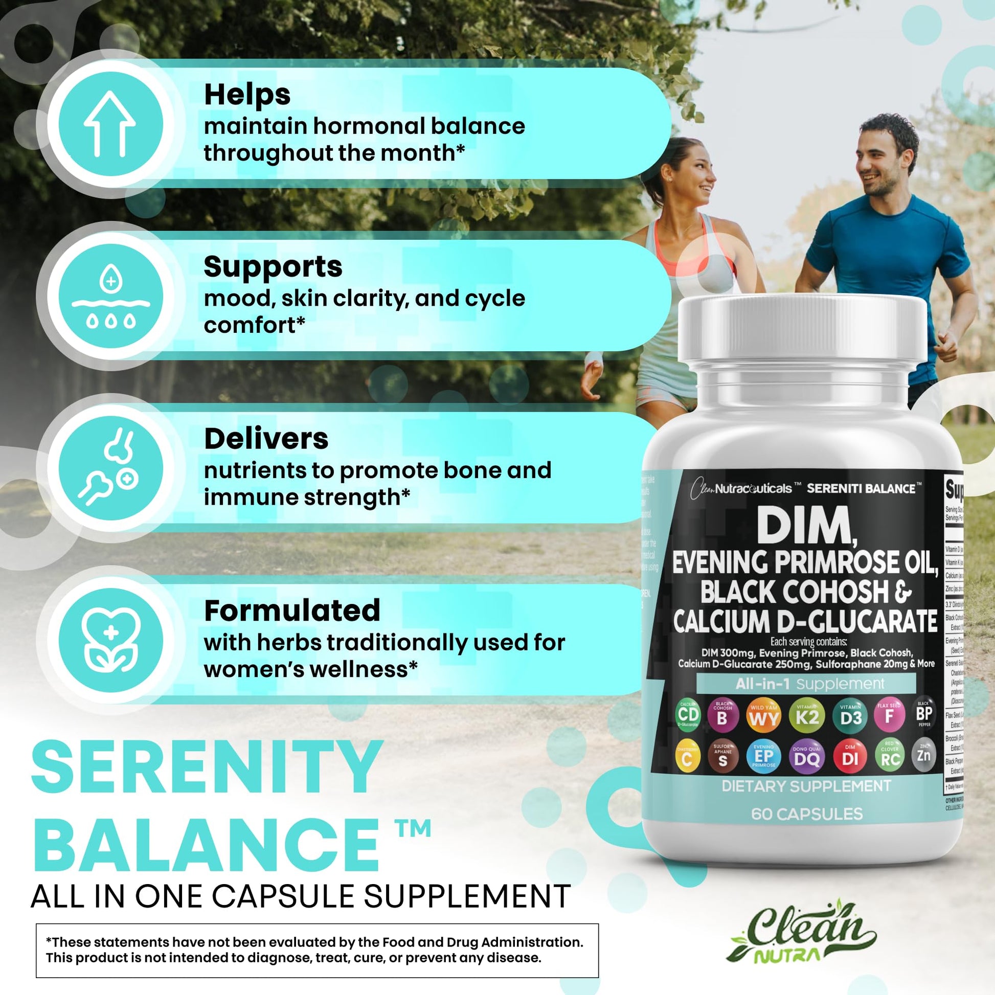 Clean Nutraceuticals DIM Evening Primrose Black Cohosh Calcium D-Glucarate Sulforaphane Flax Seed Extract - Hormonal Support Vitamins for Women with Dong Quai - 60 Caps Clean Nutraceuticals uk supplements