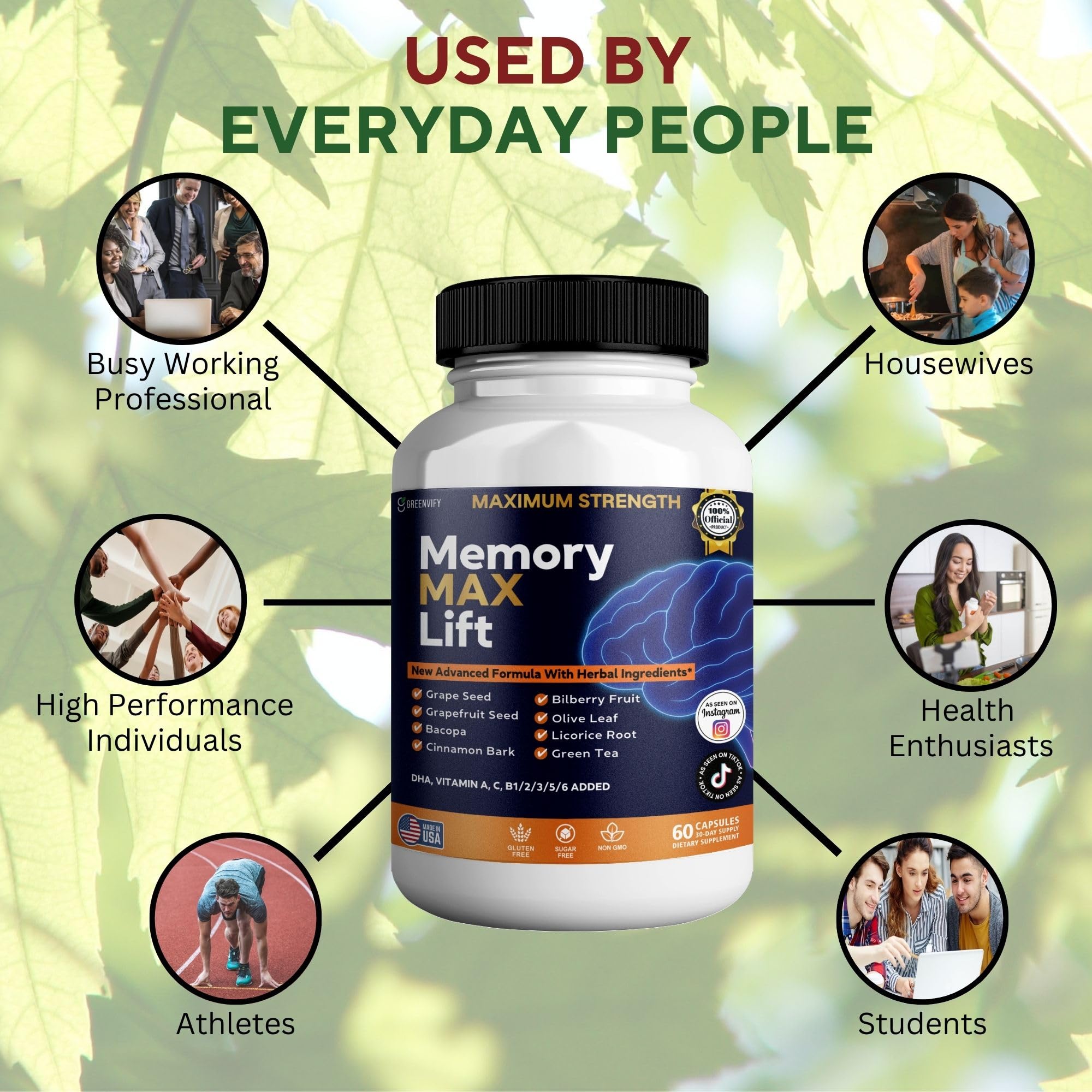 GREENVIFY Memory MAX Lift Brain Support Supplement, 60 Capsules, with Vitamins and Herbal Blend, 30 Day Supply (1) GREENVIFY uk supplements