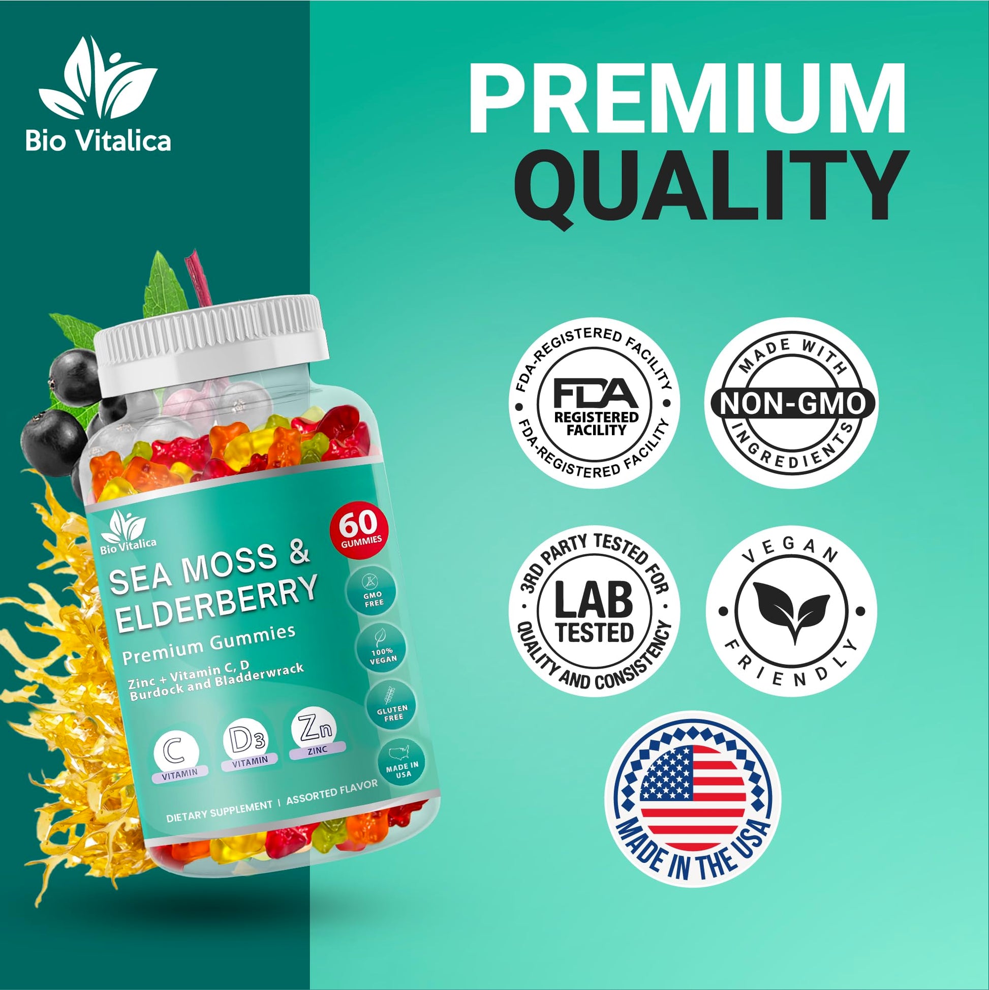 BIO VITALICA Irish Sea Moss Gummies with Elderberry – USA Made Vegan Gummies with Vitamin C, D & Zinc – Immune Support Supplement with Bladderwrack & Burdock Root for Adults & Kids – 3 Packs BIO VITALICA uk supplements