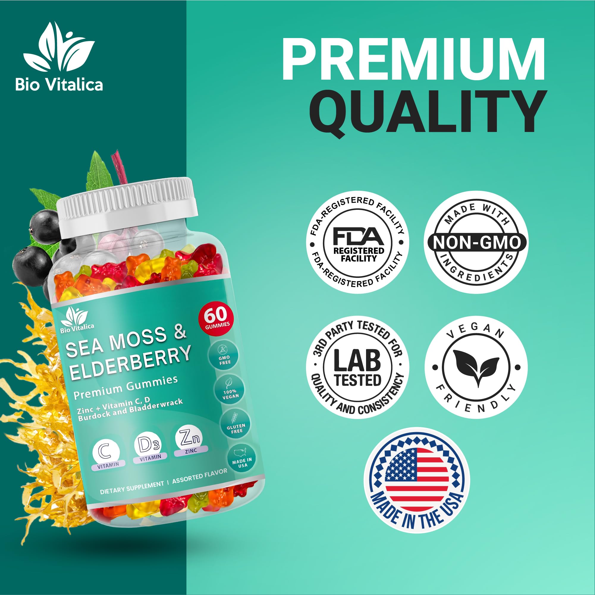 BIO VITALICA Irish Sea Moss Gummies with Elderberry – USA Made Vegan Gummies with Vitamin C, D & Zinc – Immune Support Supplement with Bladderwrack & Burdock Root for Adults & Kids – 3 Packs BIO VITALICA uk supplements