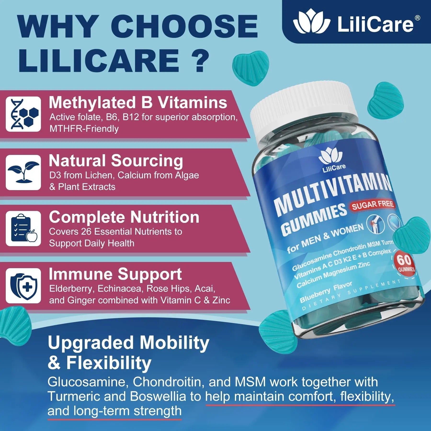 Methylated Multivitamin for Men/Women Gummies, Mens/Womens Multivitamin 50 Plus, with Glucosamine Chondroitin MSM Echinacea Sugar Free LILICARE uk supplements