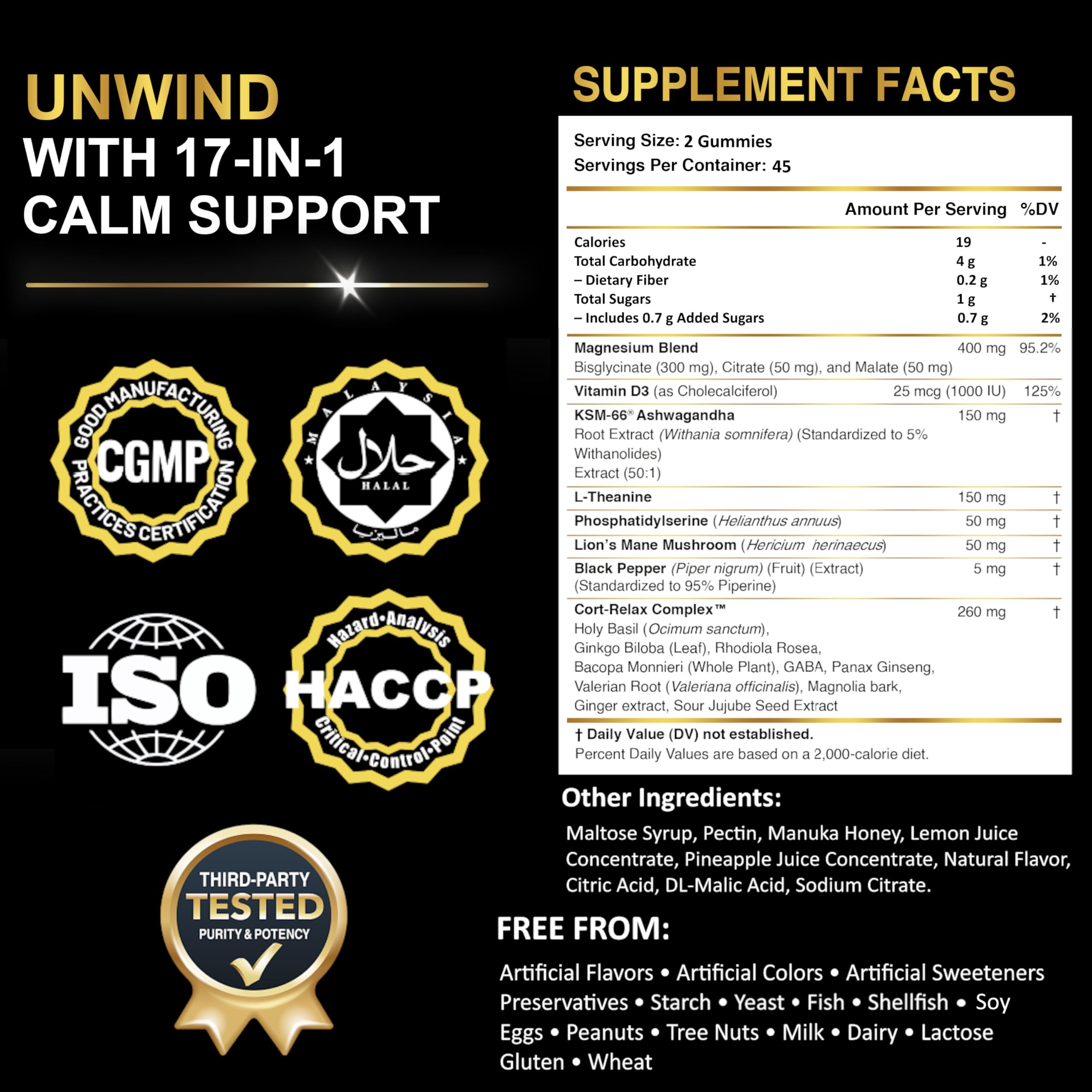 DLNIA Magnesium Glycinate Stress & Cortisol Support Gummies | Calm Focus by Day, Deep Sleep by Night | 17-in-1 with KSM-66® Ashwagandha, L-Theanine & Lion’s Mane DLNIA uk supplements