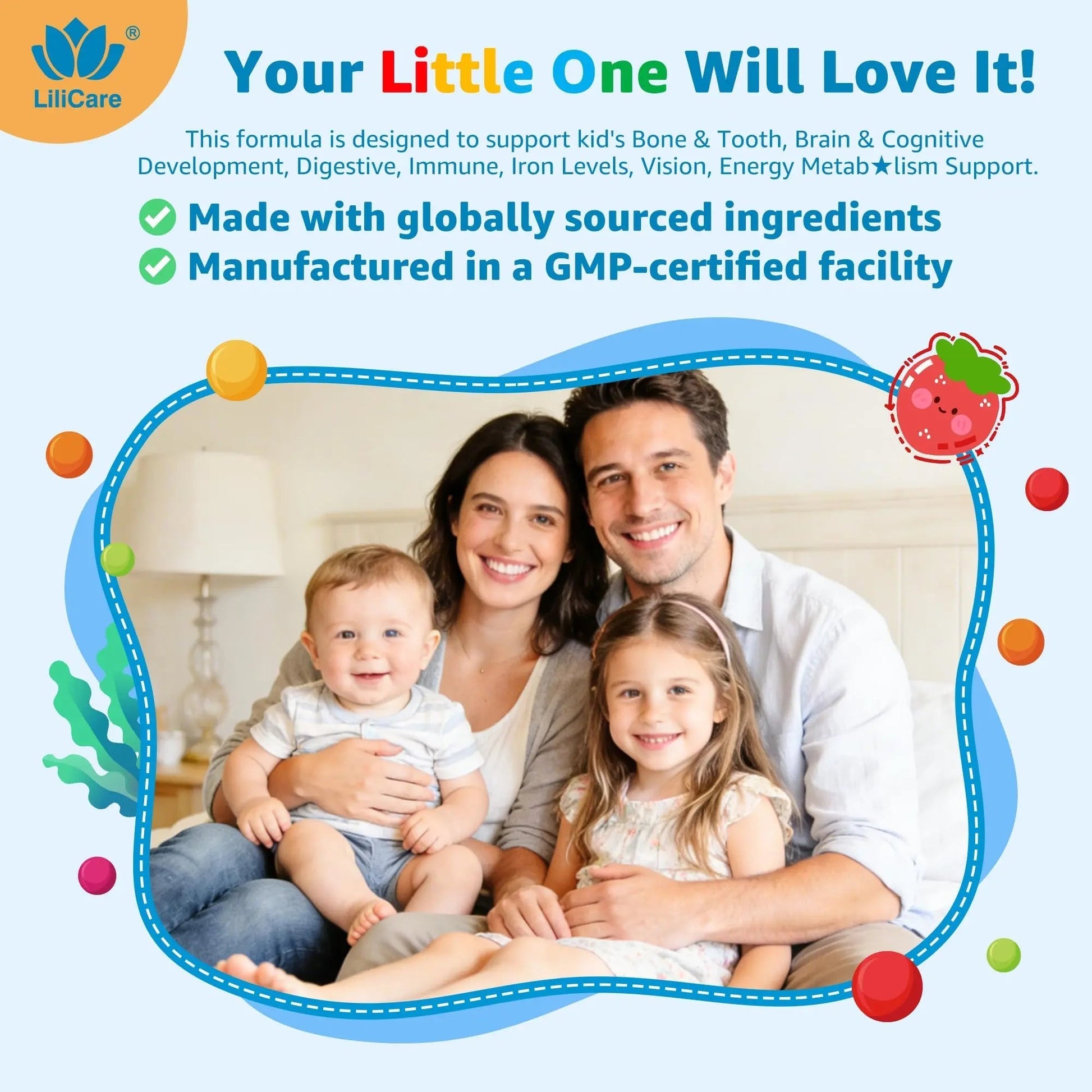 Toddler Multivitamin Gummies with Iron, Omega-3, ARA, Calcium, Prebiotic | Methylated Vitamins for Kids Ages 2+ | Overall Support | LILICARE uk supplements