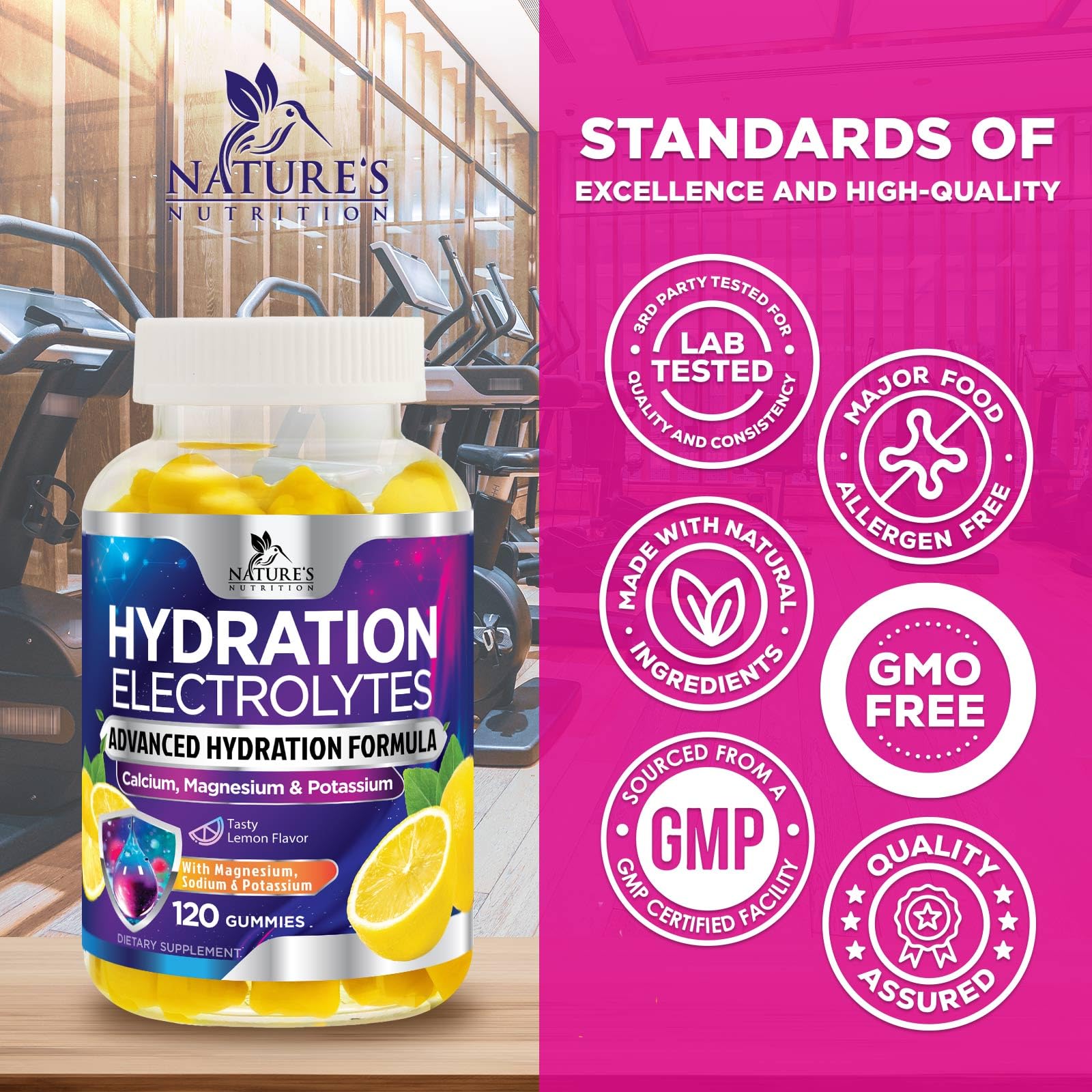 Hydration Electrolyte Gummies - Daily Liquid Replenisher Gummy - Electrolyte Multiplier with Minerals, Potassium & Real Salt - Vegan, Non-GMO - Tasty Lemon Flavor Hydration Electrolytes Nature's Nutrition uk supplements