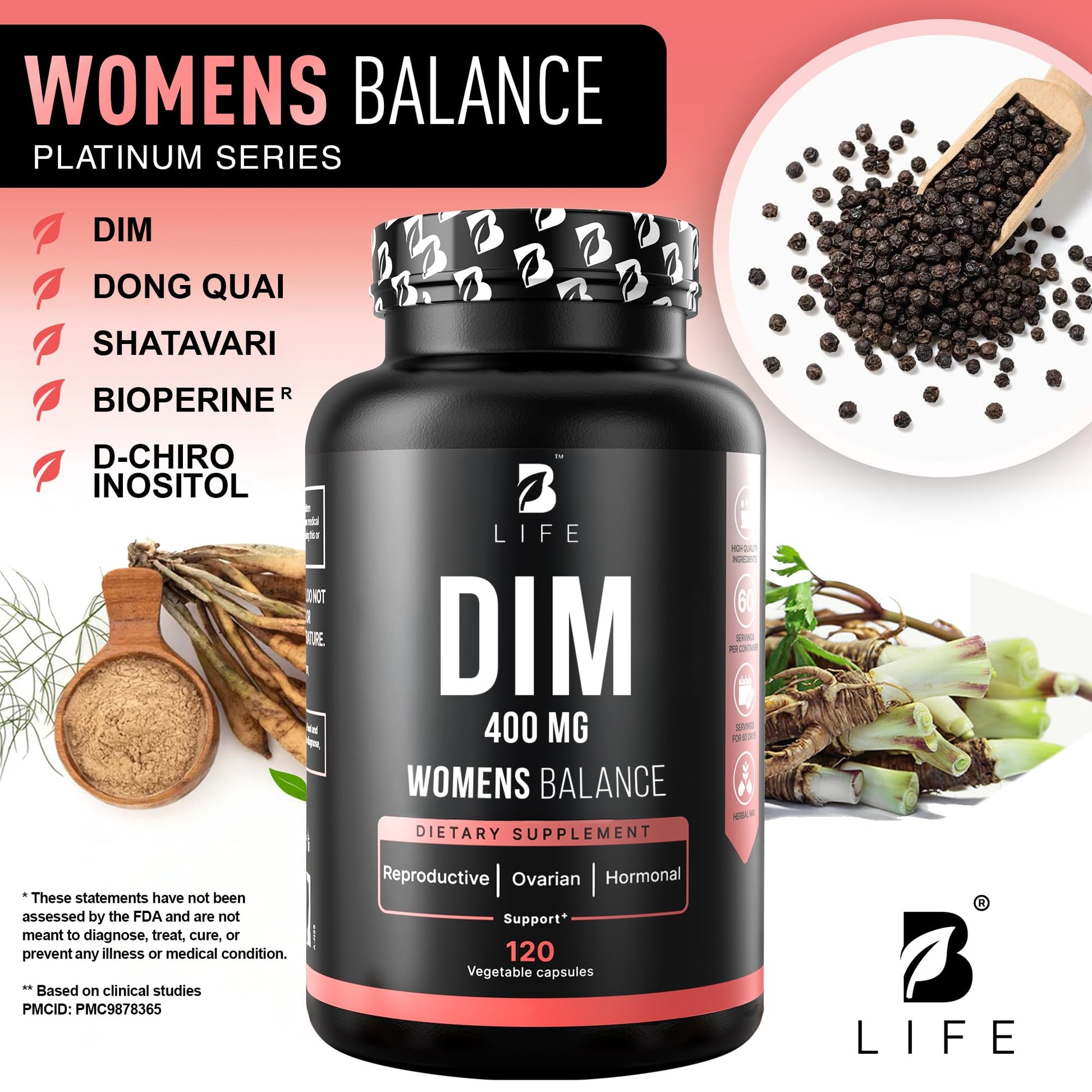 B Life Company DIM Supplement 400 mg with Myo & D-Chiro Inositol, Dong Quai – Hormone Balance for Women – Fertility Supplements – Inositol Supplement - 120 Caps B Life Company uk supplements