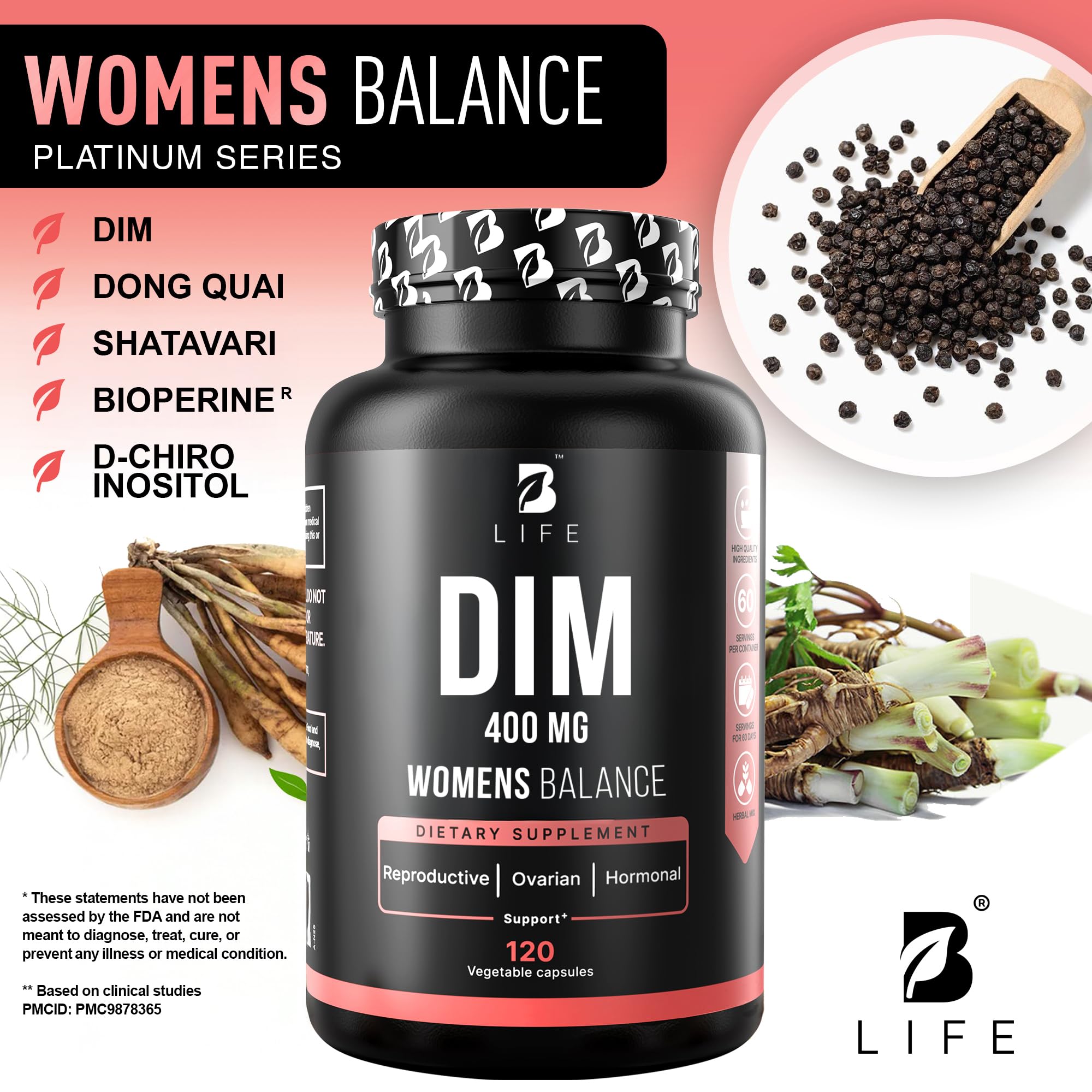 B Life Company DIM Supplement 400 mg with Myo & D-Chiro Inositol, Dong Quai – Hormone Balance for Women – Fertility Supplements – Inositol Supplement - 120 Caps B Life Company uk supplements