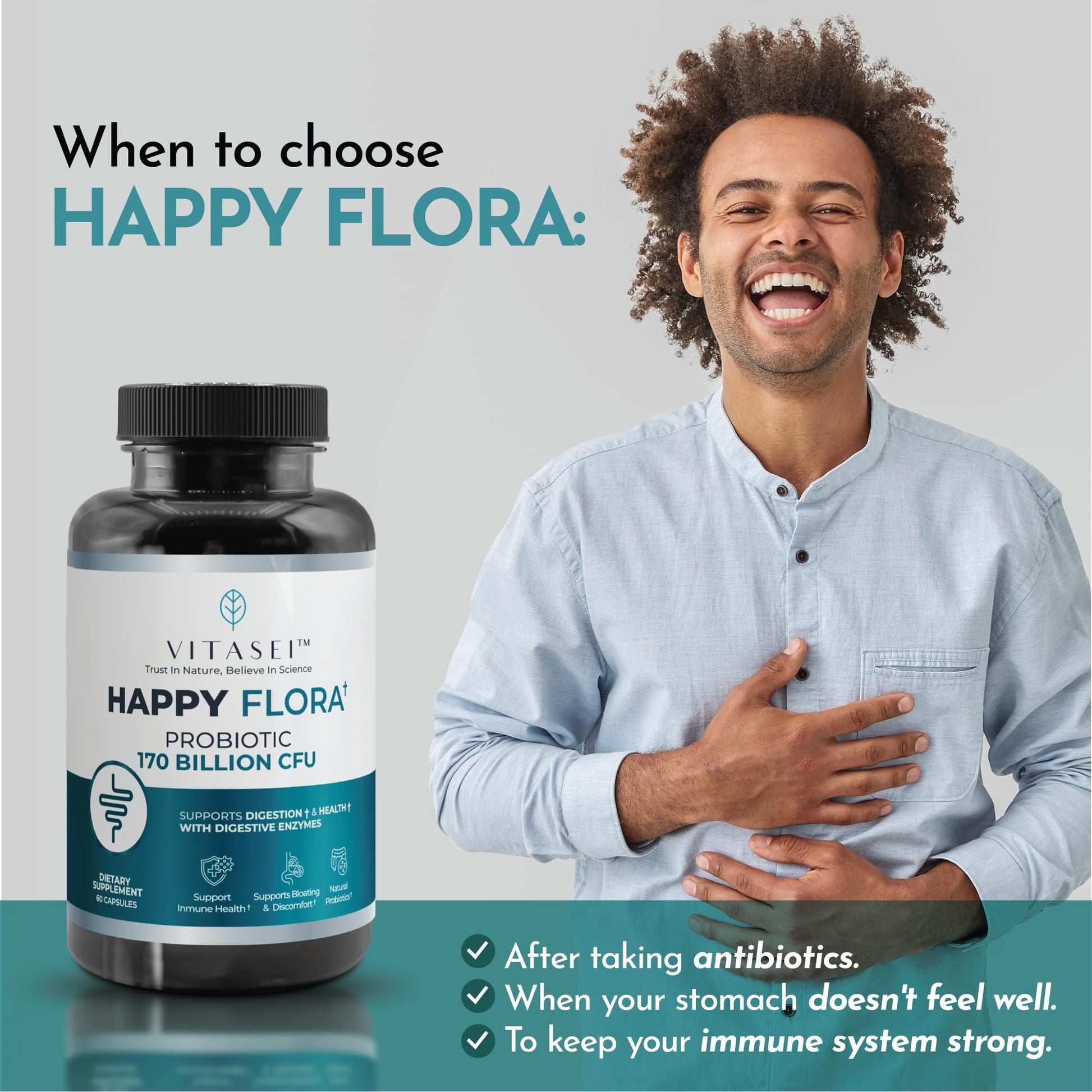 VITASEI Happy Flora, Probiotic Supplement 170 Billion CFU for a Healthy Gut Health with enzymes for Digestion, probiotics for Women and Men, 1 Bottle - 60 Capsules VITASEI uk supplements