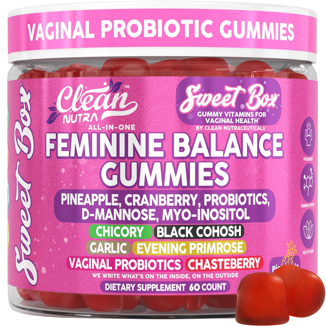 Clean Nutra Feminine Balance Gummies for Women Pineapple VaginalProbiotics pH Balance Cranberry D Mannose Supplement Inositol Black Cohosh Evening Primrose Garlic Vitex GLA Prebiotics Folate 60ct Clean Nutraceuticals uk supplements