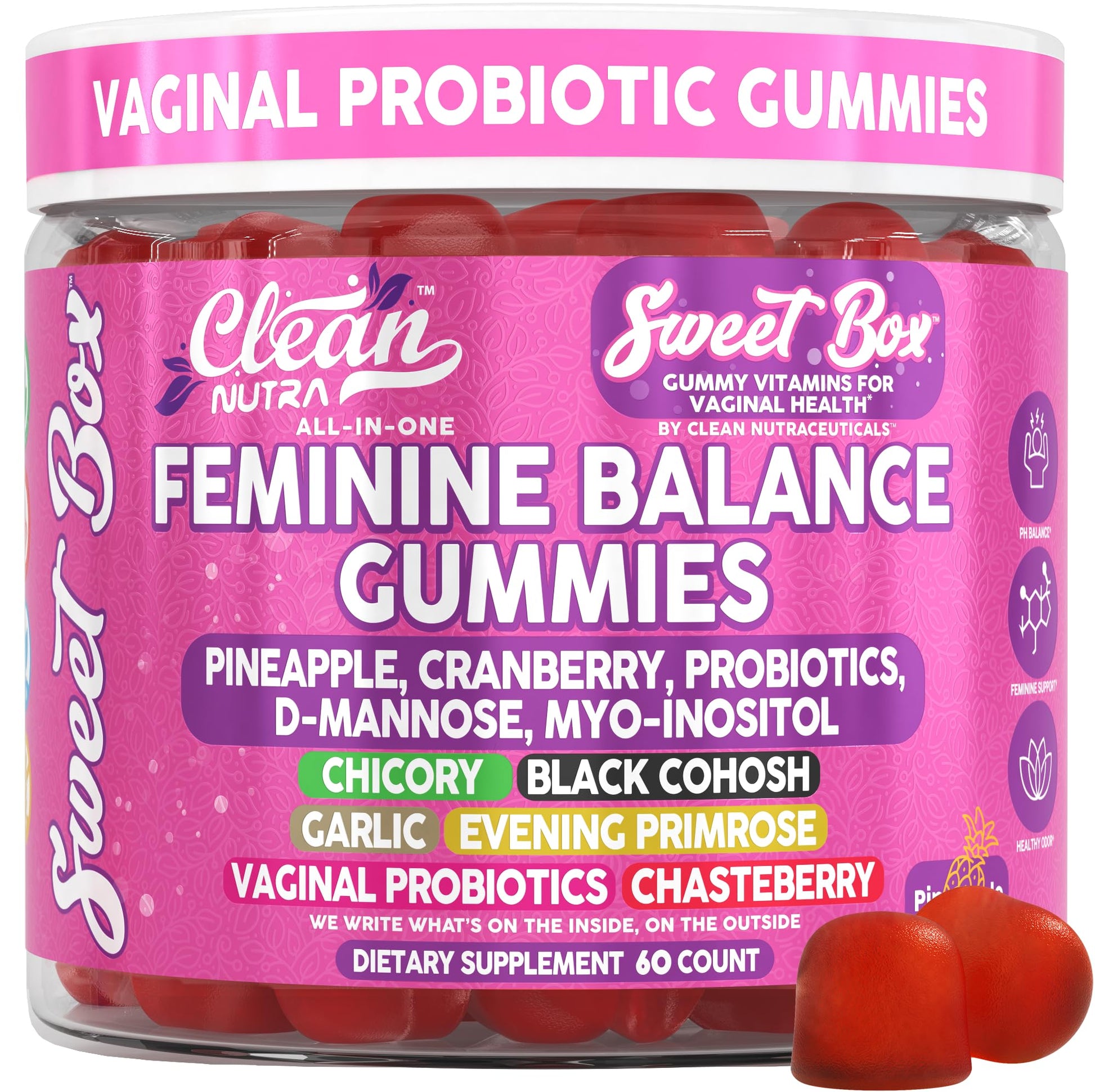 Clean Nutra Feminine Balance Gummies for Women Pineapple VaginalProbiotics pH Balance Cranberry D Mannose Supplement Inositol Black Cohosh Evening Primrose Garlic Vitex GLA Prebiotics Folate 60ct Clean Nutraceuticals uk supplements