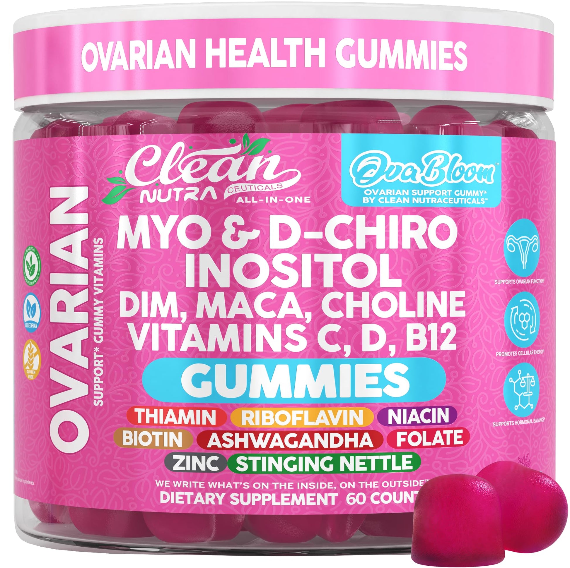 OVA Bloom Ovarian Support Gummies Myo Inositol D-Chiro Inositol Choline Flax Biotin Riboflavin Thiamin Niacin Ashwagandha DIM Maca Root Vitamin C D3 B12 Zinc 60 Count By Clean Nutra Clean Nutraceuticals uk supplements
